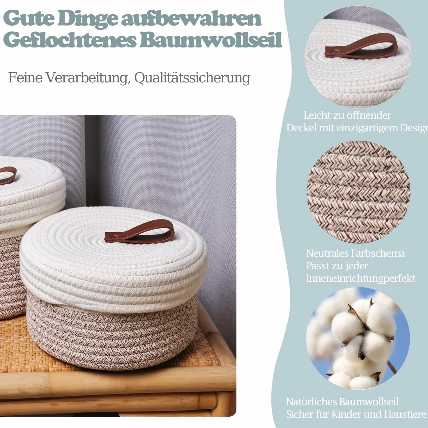 2 Pezzi Cestini Portaoggetti con Coperchi - Cestino in Corda di Cotone con Coperchio - Filo di cotone naturale, fibbia in pelle, Cestino Decorativo con Coperchio - Cestino Portaoggetti