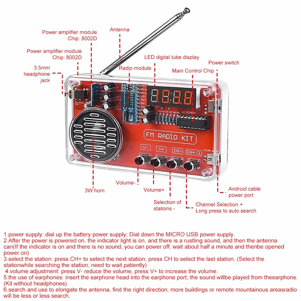 Kit per esercizi di saldatura elettronica con radio digitale e display, kit per elettronica fai da te con modulo di ricarica per principianti, studenti e formazione STEM, pratico set di apprendimento