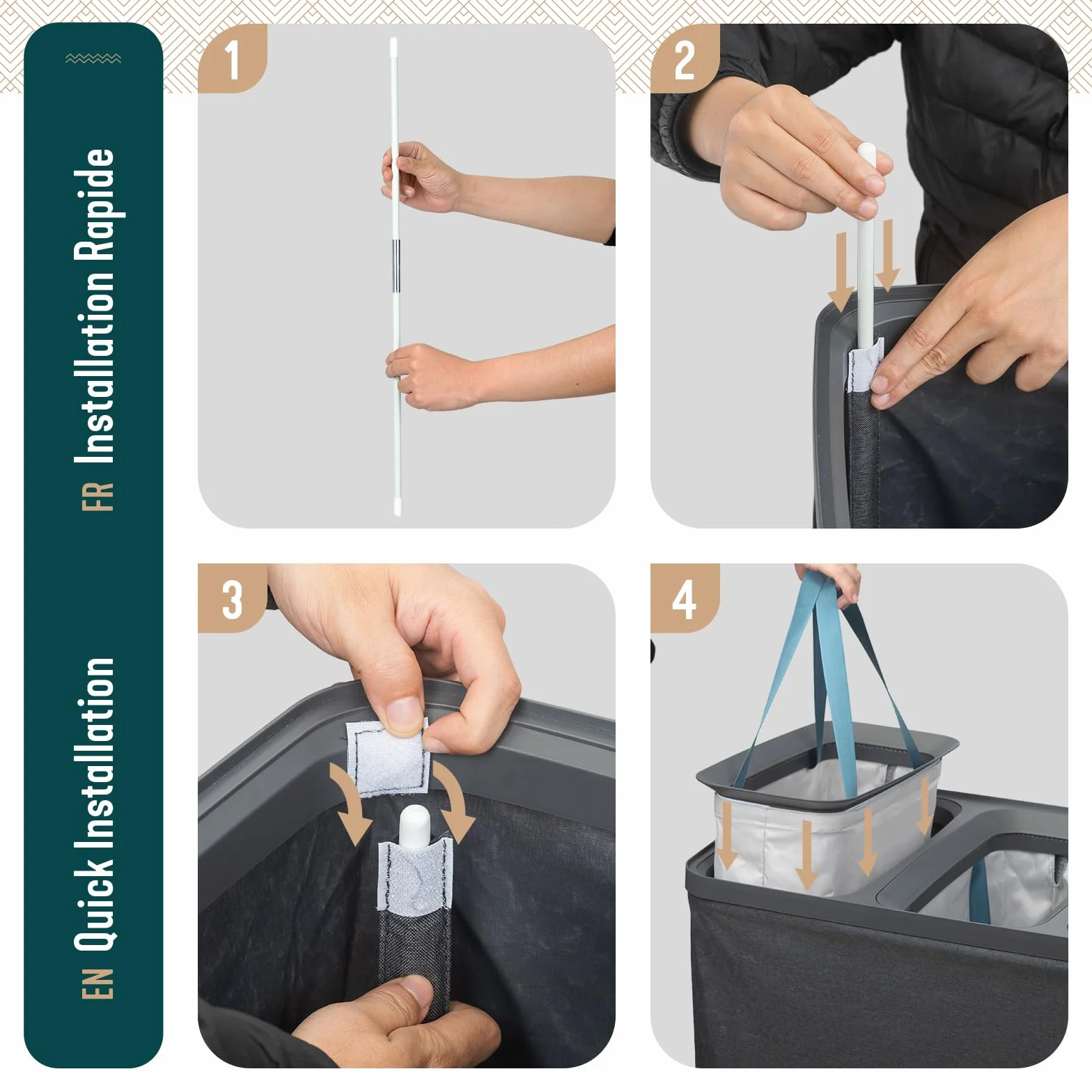 VOUNOT® Cesto Portabiancheria 170L Rettangolare a 3 Scomparti con Coperchio, Cesto Biancheria Grande Capacità con 3 Sacchi Rimovibili Autoportante e Manici, per Bagno, Camera e Lavanderia, Antracite