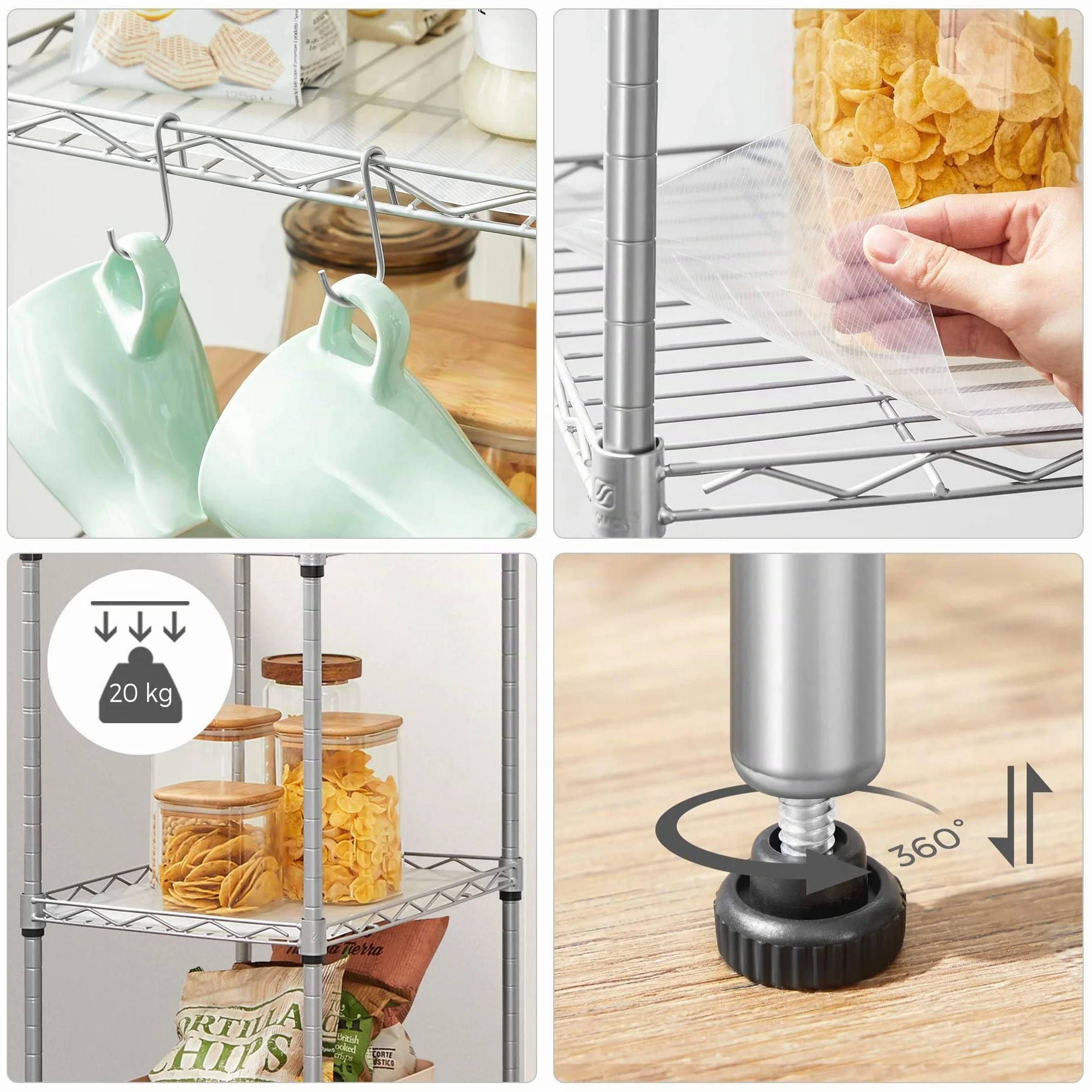 SONGMICS Mensola da cucina, scaffale a 5 livelli, sottile, 8 ganci, mobile da bagno, tavola in plastica, regolabile in altezza, in metallo, per cucina, argento LGR115E01