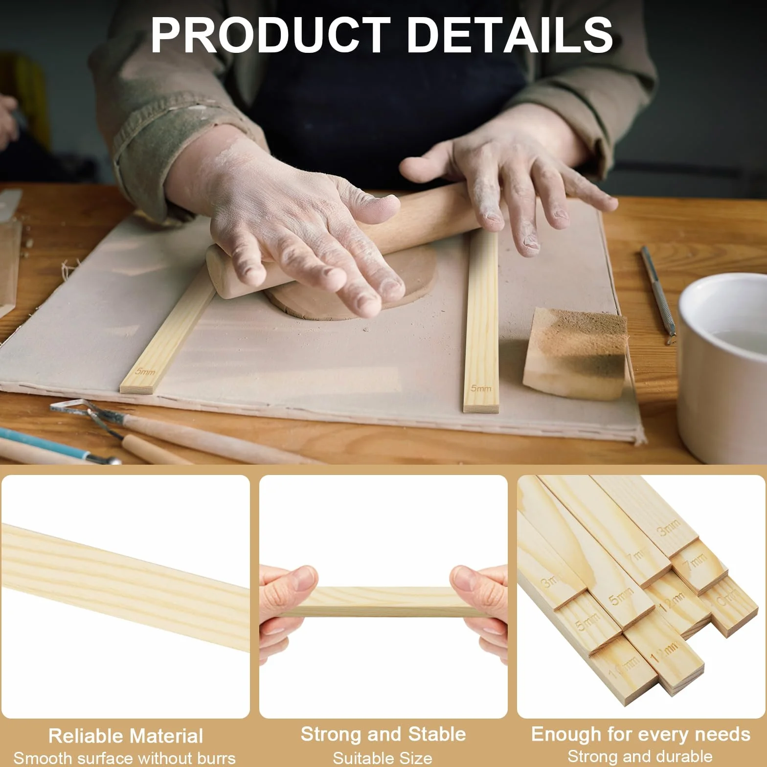 10 Pcs Spessori per Mattarello in Legno, Rolling Pin Guides, Bastoni di Guida Cuscinetto Ceramica, Guide Per In Legno, per Ceramiche, Polimeri di Argilla, Fai da Te (5 Misure-3/5/7/10/12 mm)