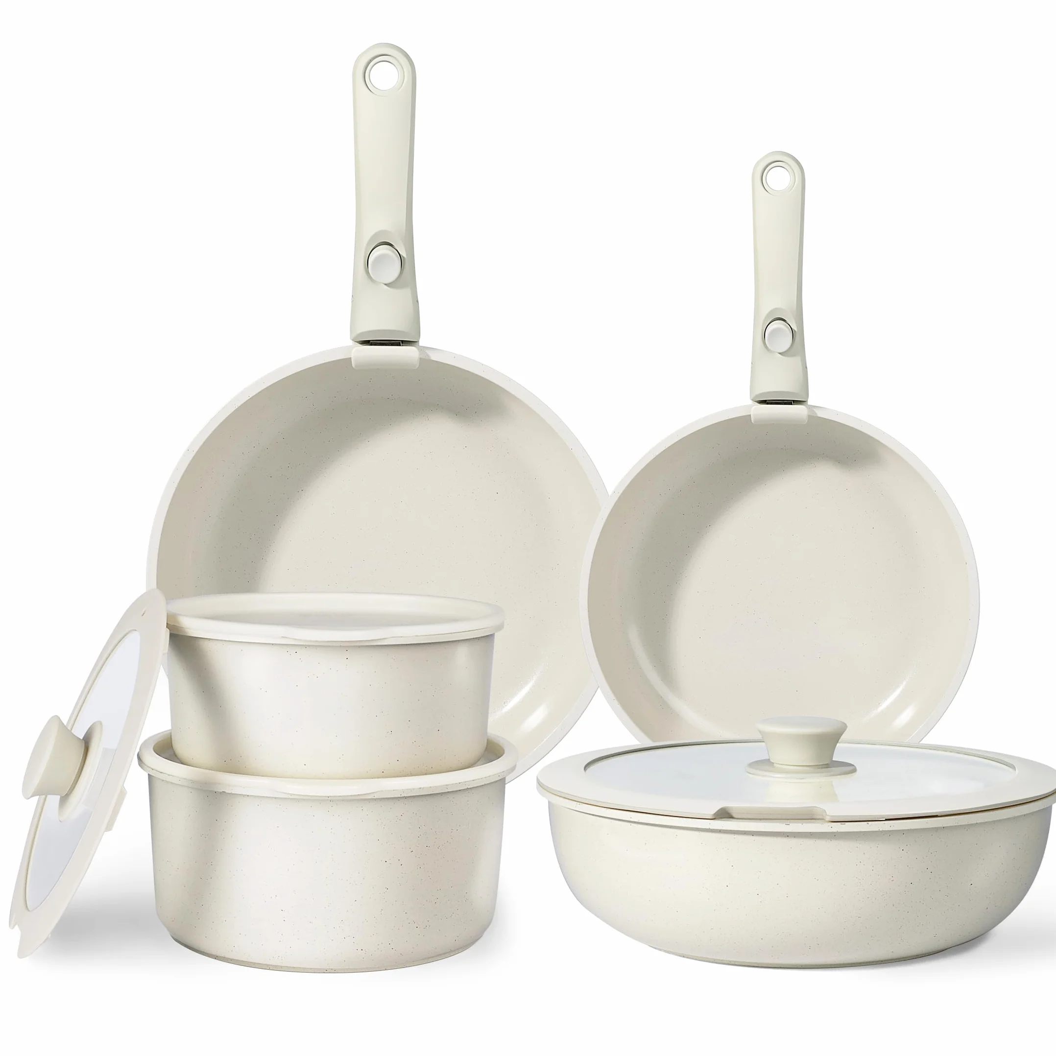 GiPP Set di Pentole e Padelle Ceramiche Antiaderenti 11 Pezzi con Manico Amovibile - Cucina Sana per Camper, Senza Tossine, Compatibile Induzione/Forno/Lavastoviglie (Bianco, 11Pezzi)