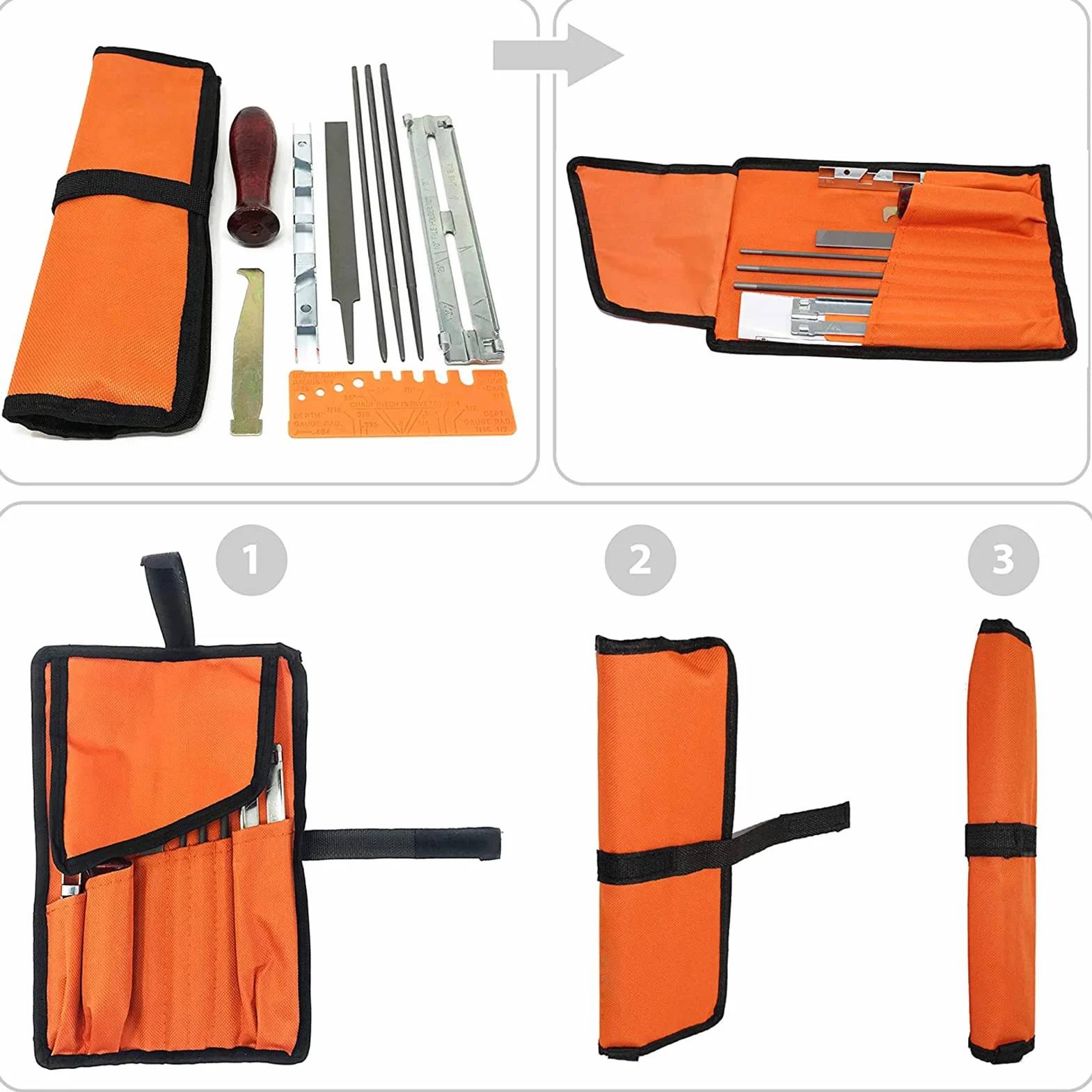 Kit di Lime per Affilare le Motoseghe, 10x Lima Universale per Catene, Strumenti Abrasivi, Con Lima Rotonda 5/32“ 3/16” 7/32” + Piatta + Impugnatura + Calibro di Controllo, per Tutte Le Motoseghe