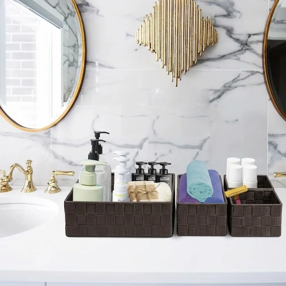 OCEANO Set 4 Cestini Portaoggetti Intrecciati Organizer Bagno e Cassetti Scatole Salvaspazio in Tessuto per Trucchi Asciugamani Accessori (Marrone)