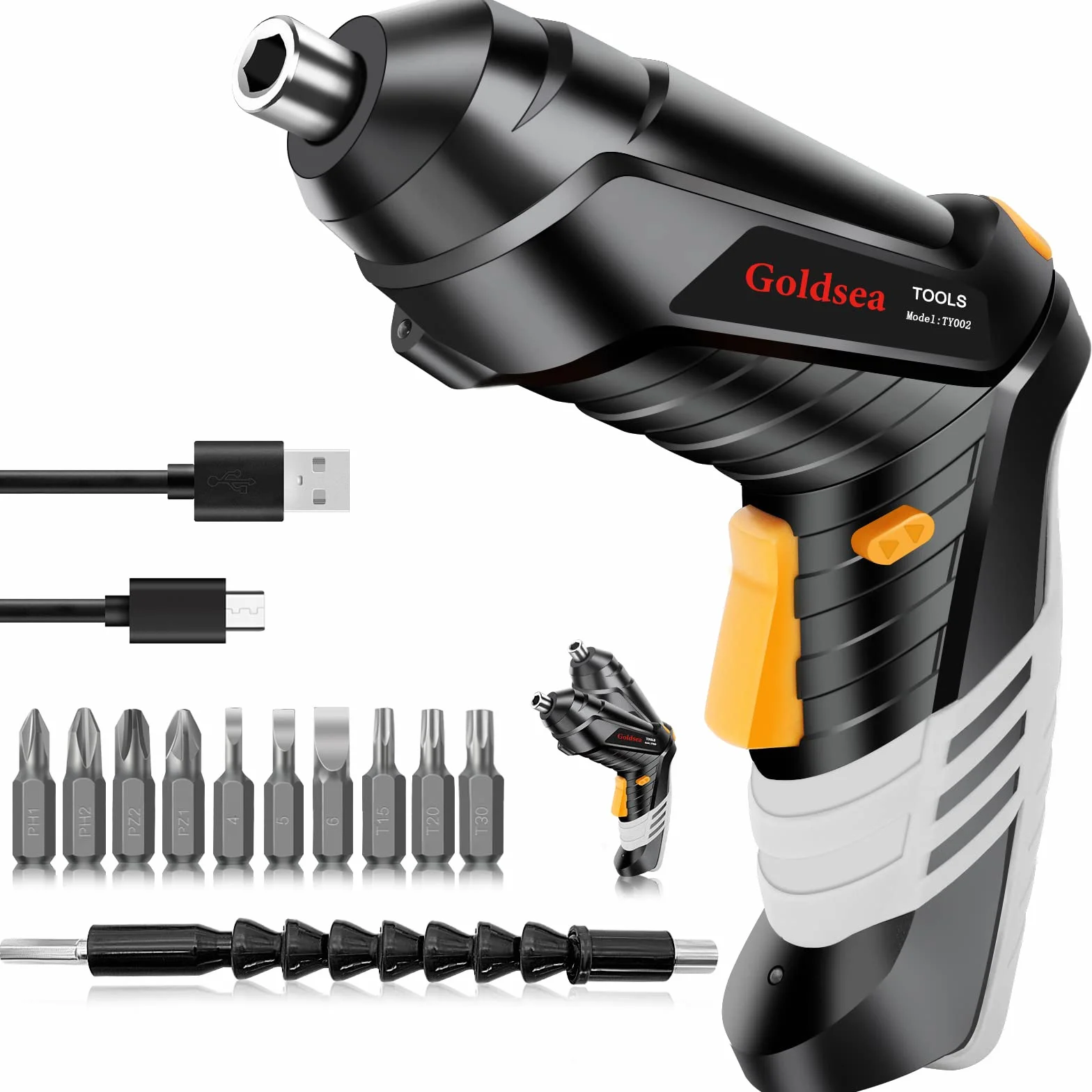Goldsea Avvitatore a Batteria 1.5Ah 4.2V, 3.5 Nm Cacciavite Elettrico con Angolo Regolabile 90°-180°, Luci LED, Caricatore Type-C, 1 Connettore - Per Fai da Te Domestico e Riparazioni