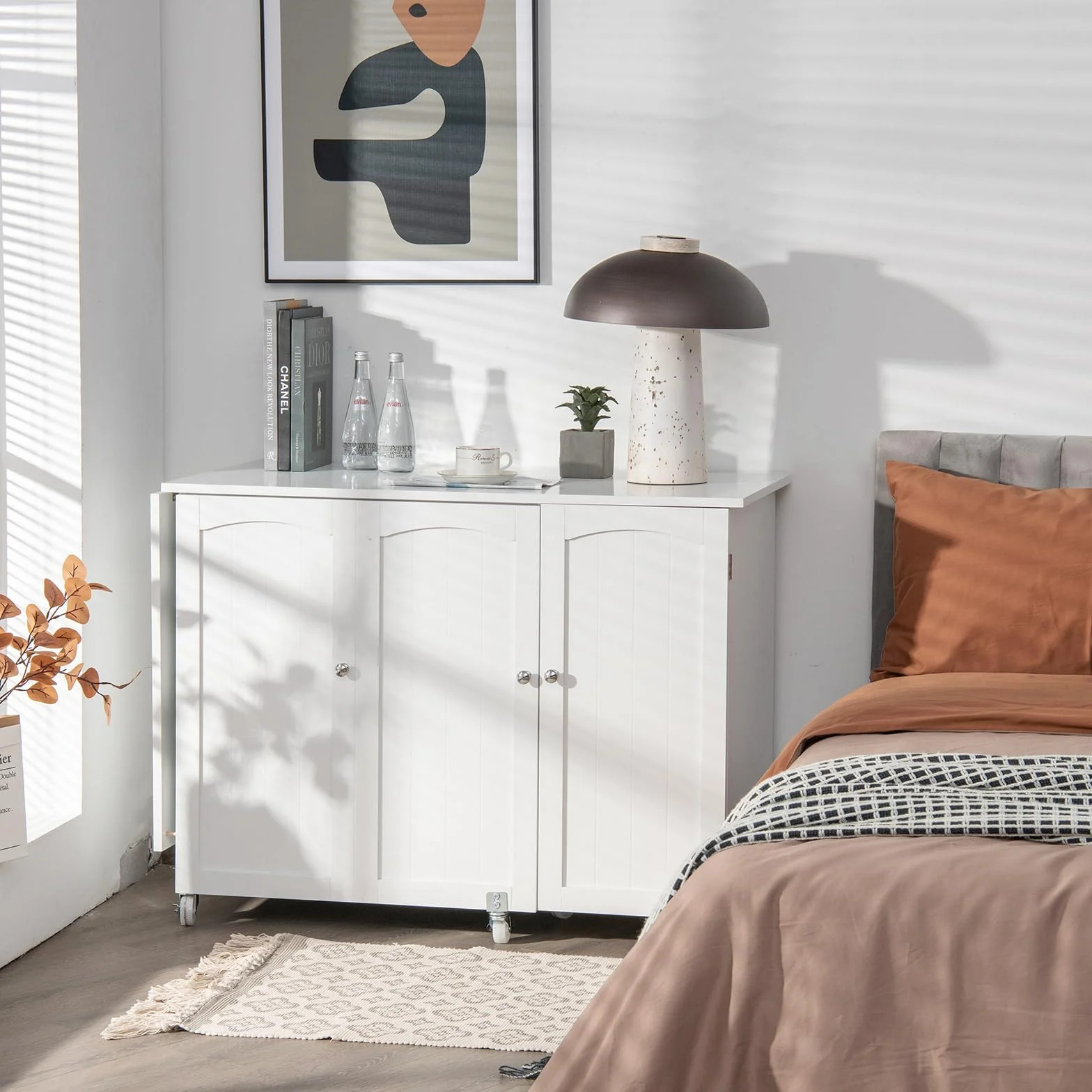 GIANTEX 2 in 1 Mobiletto Cucito, Tavolo Cucire Pieghevole, con 4 Ruote, Armadio Versatile in Legno, per Salone/Salotto/Ufficio, Carico di 55kg, 158,5x50x74cm (Bianco)