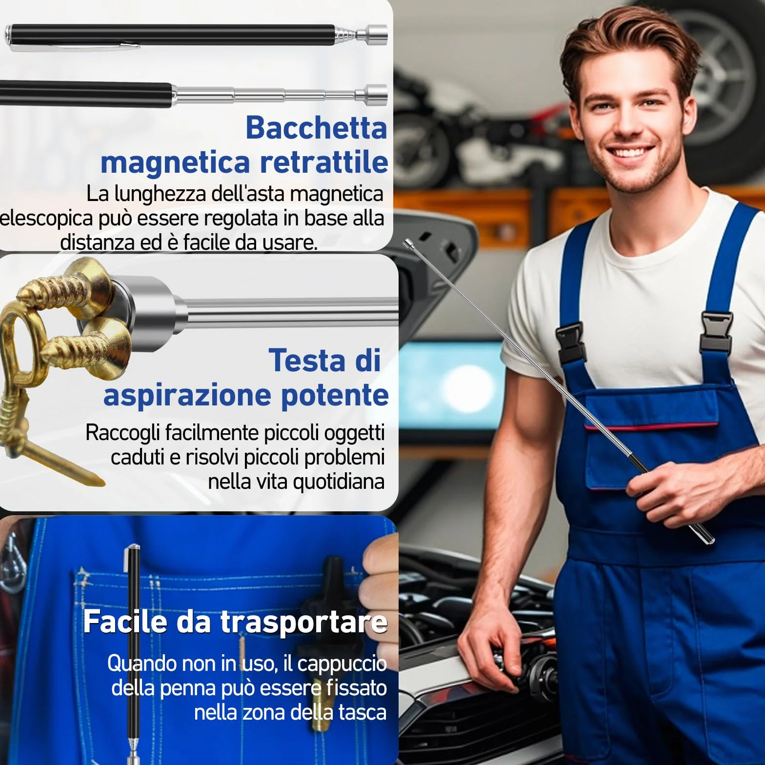 1 Calamita Telescopica (55cm) + 1 Asta Magnetica Flessibile e Curva (55cm), Calamita Flessibile Officina, Può Raccogliere Negli Interstizi viti, Chiavi e Altre Piccole Parti