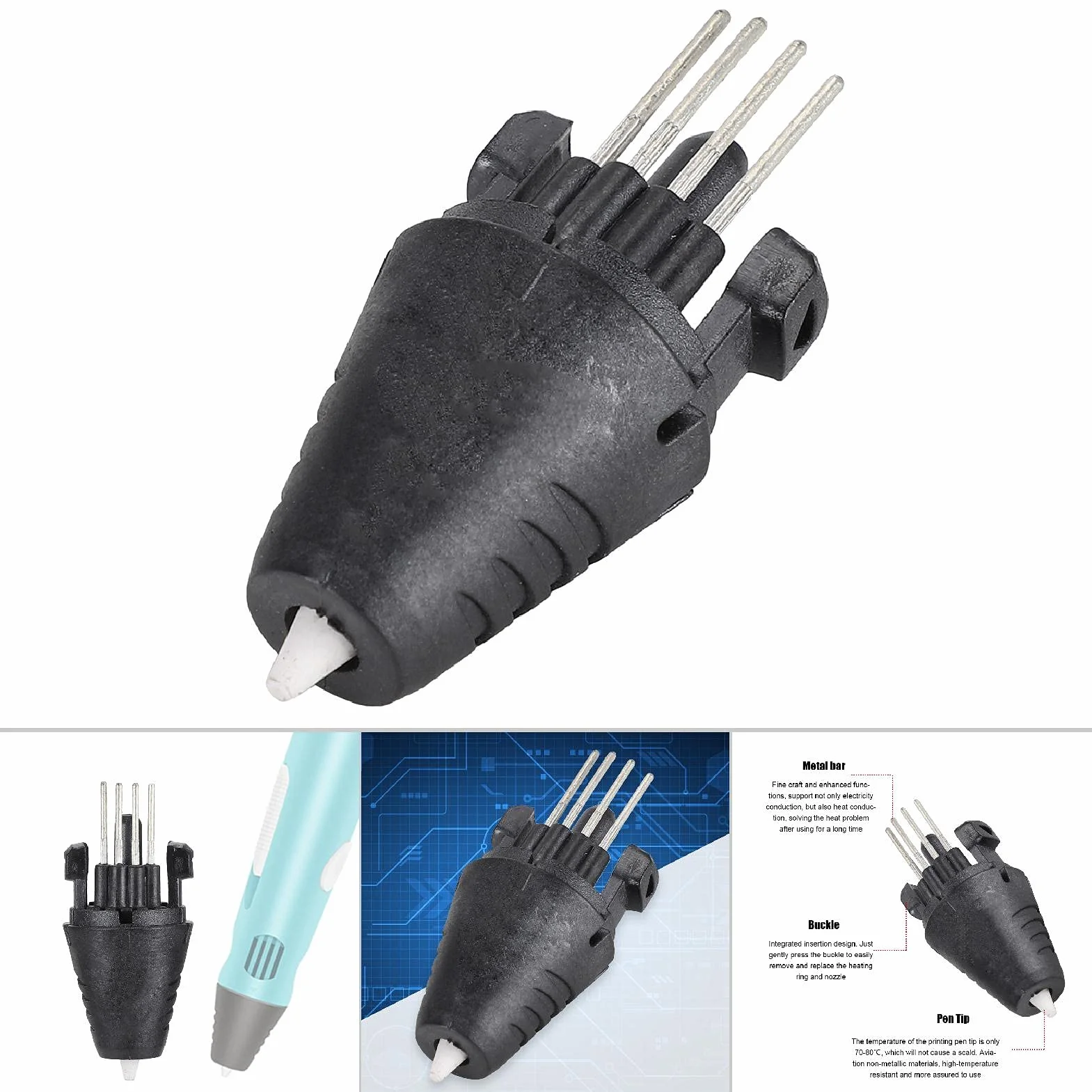 Accessori per Ugelli per Penna di Stampa 3D Neri da 1,75 Mm con Barra di Metallo, Fibbia di Inserimento e Punta della Penna Resistente al Calore per Parti della Stampante