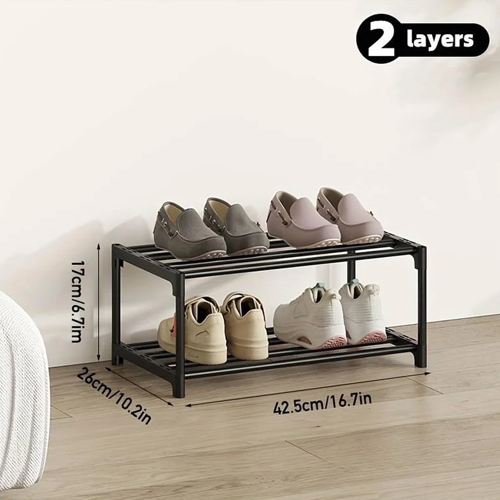 Scarpiera a 2 ripiani, piccola, sottile, con rivestimento antiruggine, adatta per dormitorio, casa in affitto, balcone, scarpiera stretta impilabile
