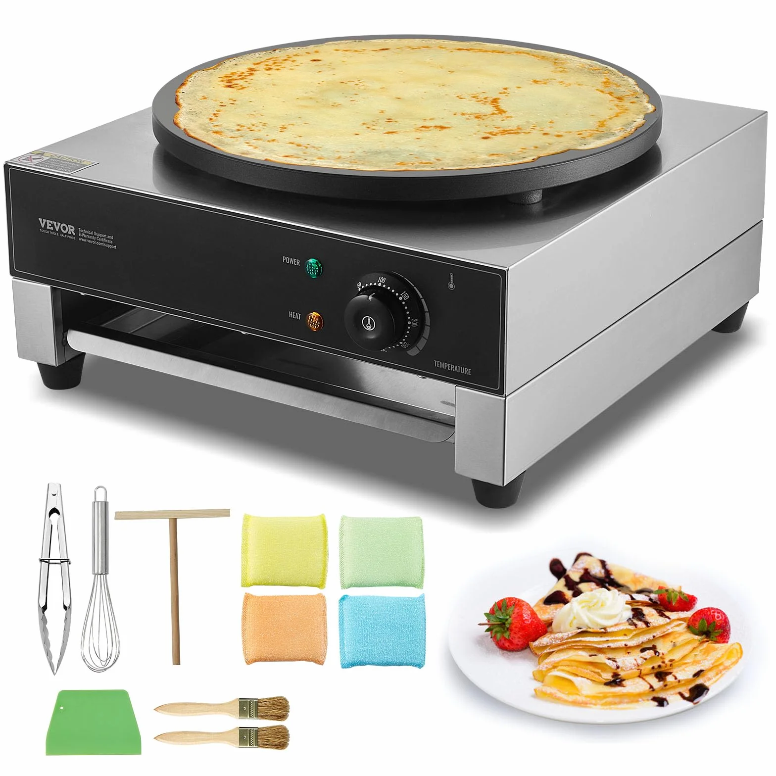 VEVOR Crepiera Elettrica, Macchina per Crepes Commerciale a Testa 406 mm, Piastra Crepes Piastra Piana 1700 W, Macchina in Acciaio Inox Antiaderente, Fornello Circolare, Controllo per Temperatura