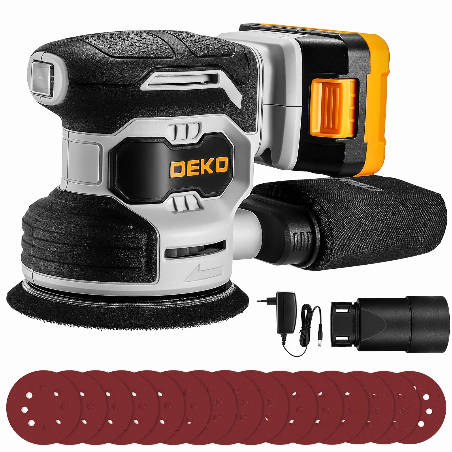 DEKOPRO Levigatrice Orbitale a Batteria 125 mm 13000 RPM 2000mAh con Sacchetto Polvere