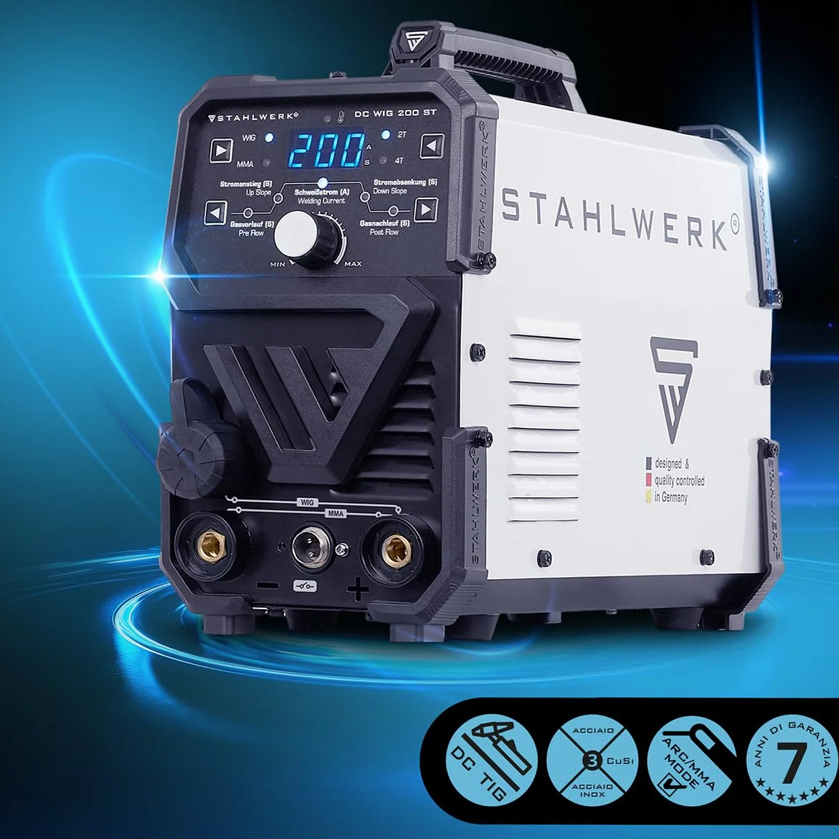 STAHLWERK Saldatrice 2-in-1 combinata DC TIG 200 ST – Funzione TIG & MMA fino a 200 A, innesco HF, Hotstart, adatta per acciaio, inox, rame e ottone, no alluminio
