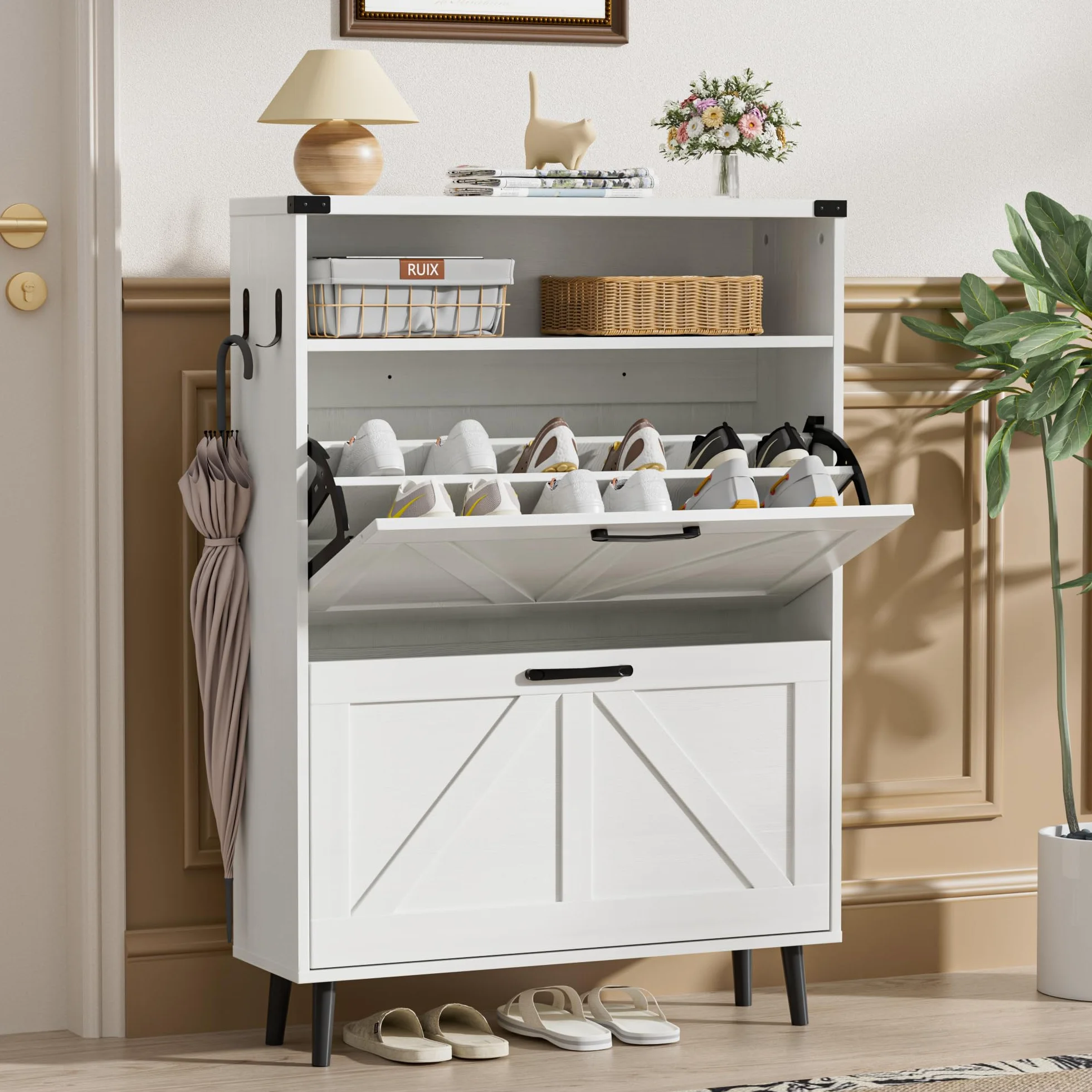 BonVache Scarpiera stretta, scarpiera con 2 ante, scarpiera ribaltabile con 4 ripiani, mobile per scarpe con spazio aperto, portascarpe in legno, 80x24x113,5 cm, bianco
