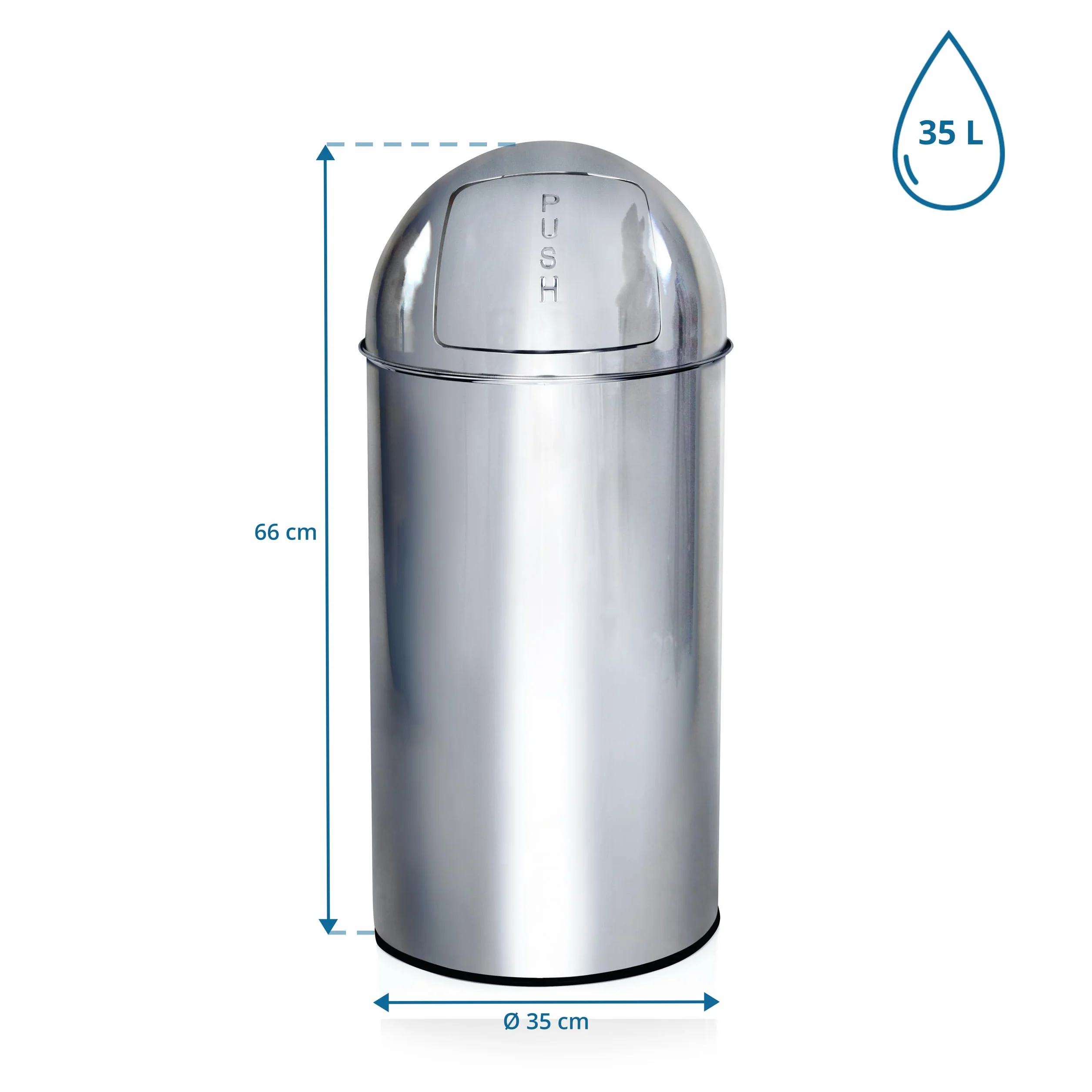 HJH Office 741004 Cestino piccolo PUSH Chrome 35L Cestino retrò con sportello a pressione