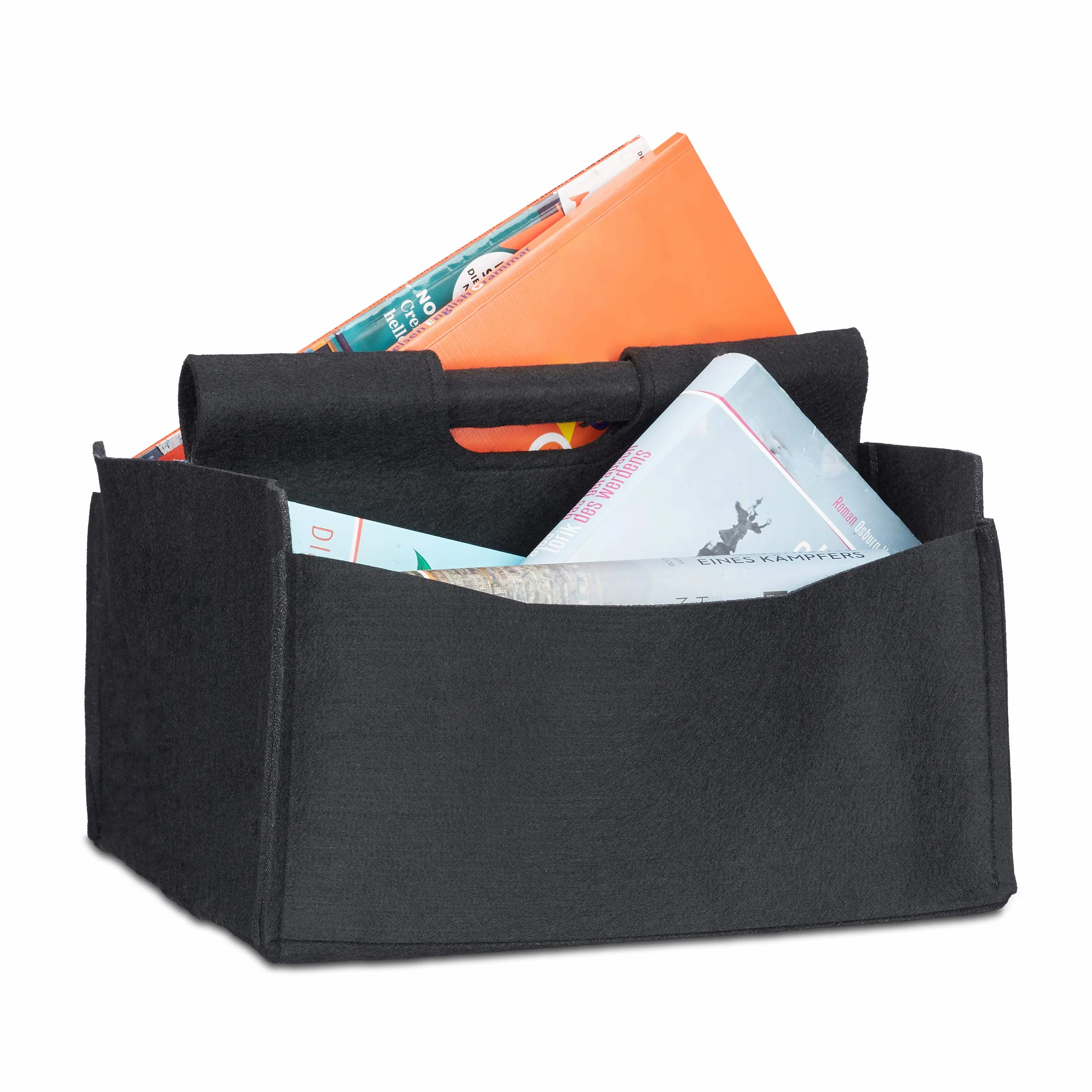 Relaxdays Cesto Portariviste, in Feltro HxLxP: 22 x 32 x 29 cm, 2 Scomparti, Manico, Stand Portagiornali Pieghevole Nero