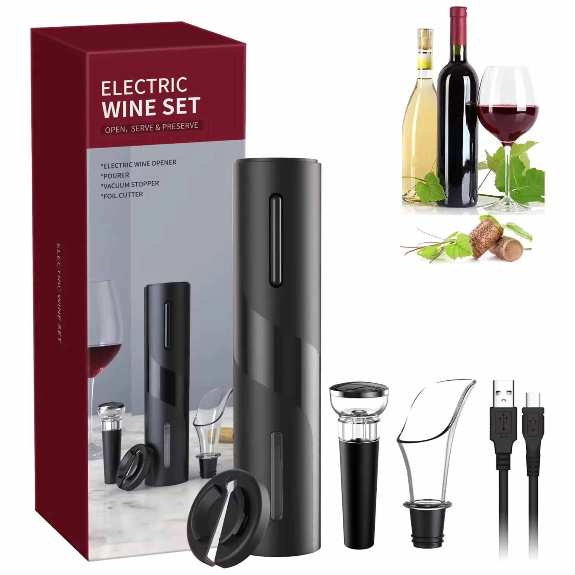 Cavatappi elettrico per vino elettrico, automatico, ricaricabile con USB, Kit vino 5 in 1 con cavo di ricarica USB, Tagliapasta Stagnola, Tappo Vino sottovuoto riutilizzabile e Versatore.