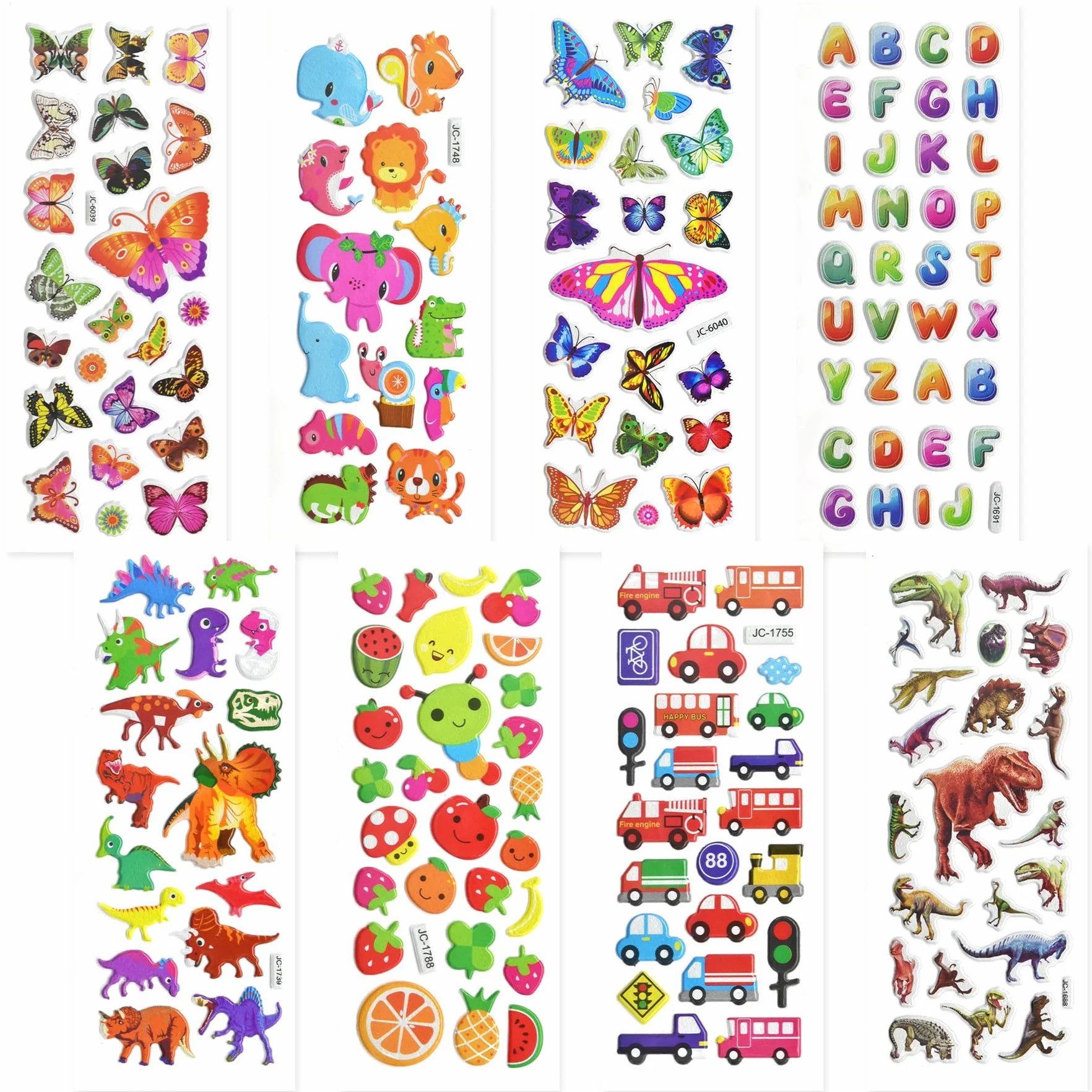 Adesivi per Bambini, 600+ Adesivi 3D Stickers per Puffy Adesivi per Regali Gratificanti Scrapbooking Inclusi Camion, Dinosauri, Frutta, Numeri, Lettere,Pesci, Cuori, ECC (24 Fogli)