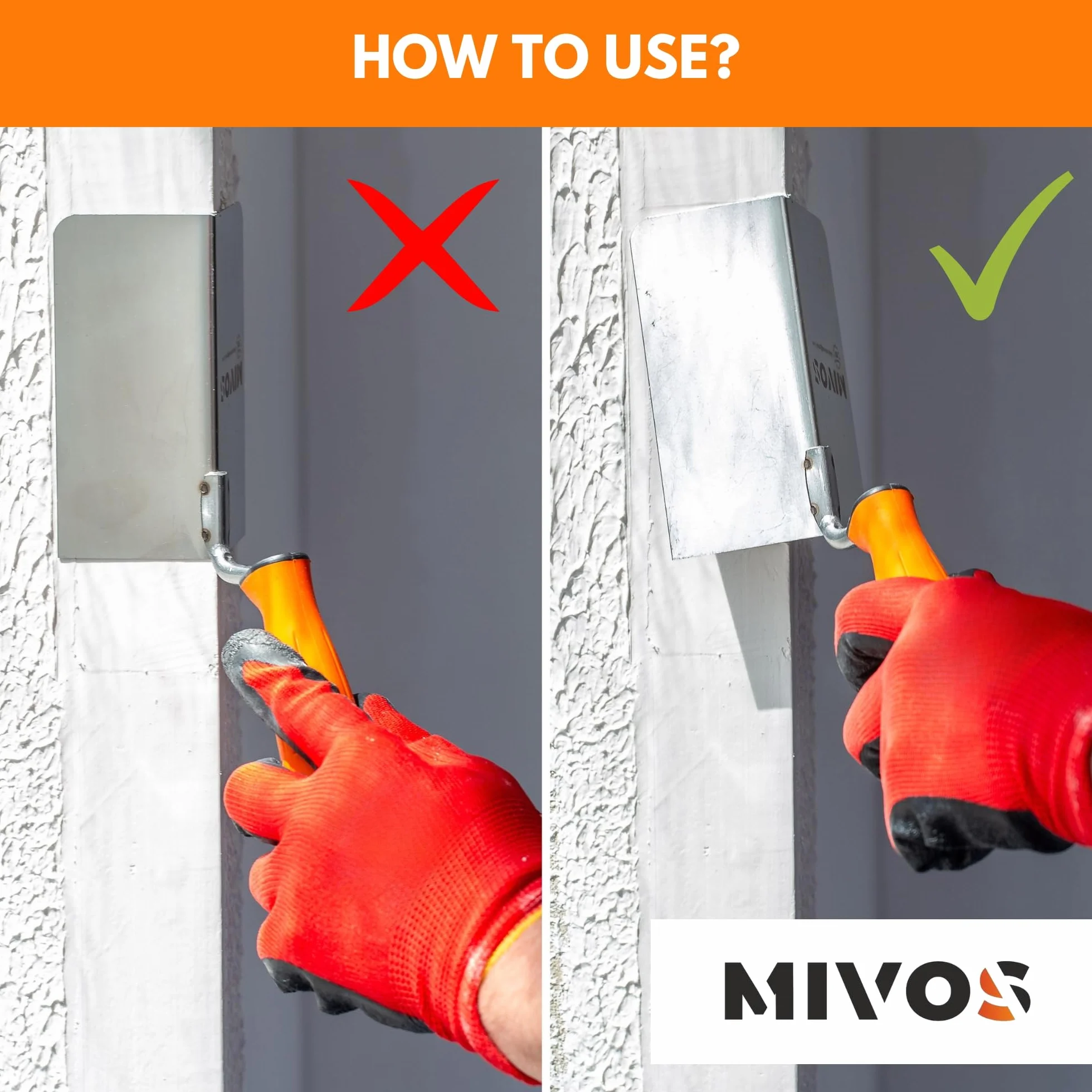 Mivos 2x Spatola Angolare Antiruggine 120 x 60 mm - Cazzuola Angolare Interna ed Esterna in Acciaio Inox - Cazzuola per Bordi Interni ed Esterni con Impugnatura Morbida - Spatole Angolari