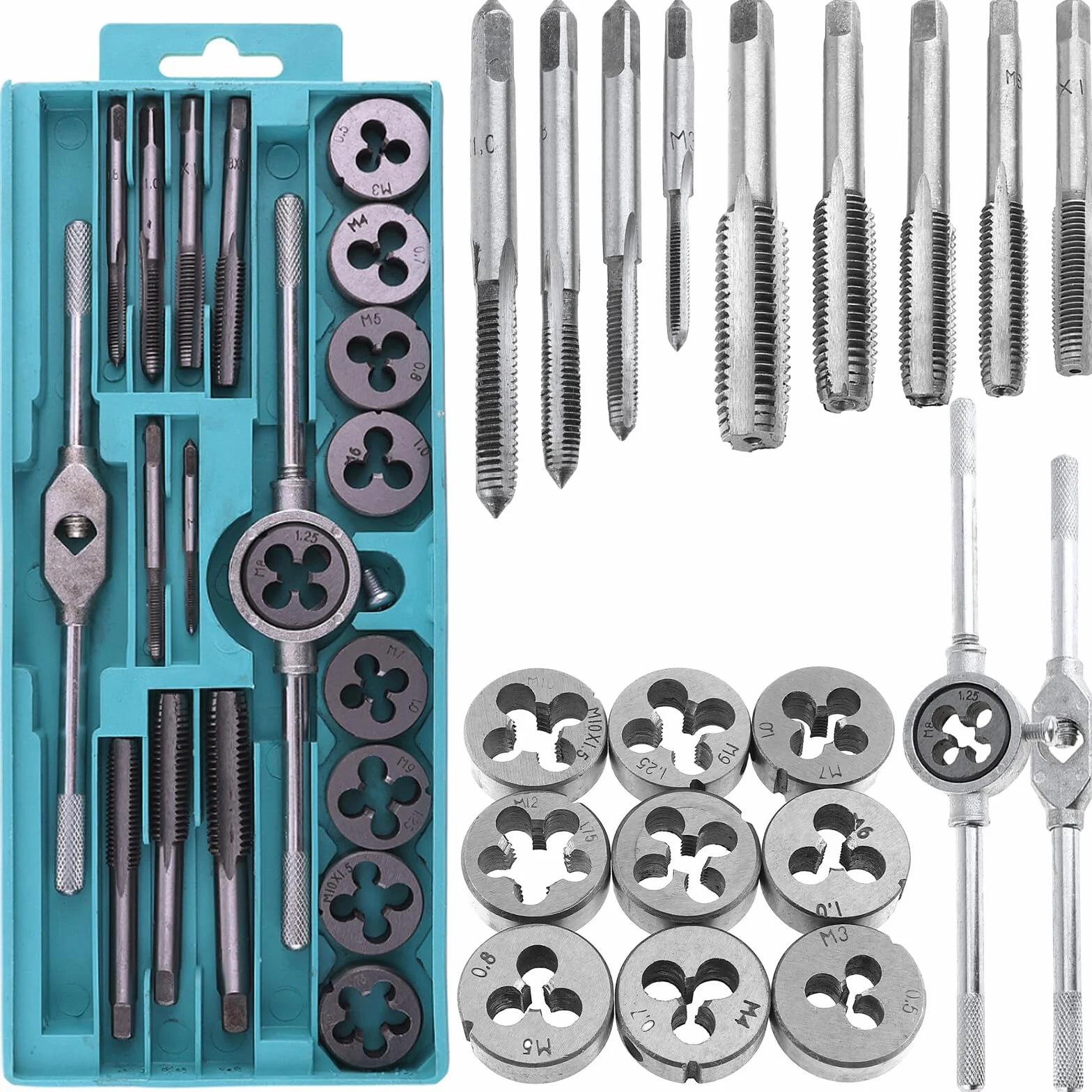 Set di Maschi e Filiera: Set di Utensili per Filettatura di 20 Pezzi, Set di Punte, Set di Tagli di Filettatura da M3 a M12, Scatola degli Utensili per Filettare di Alta Precisione