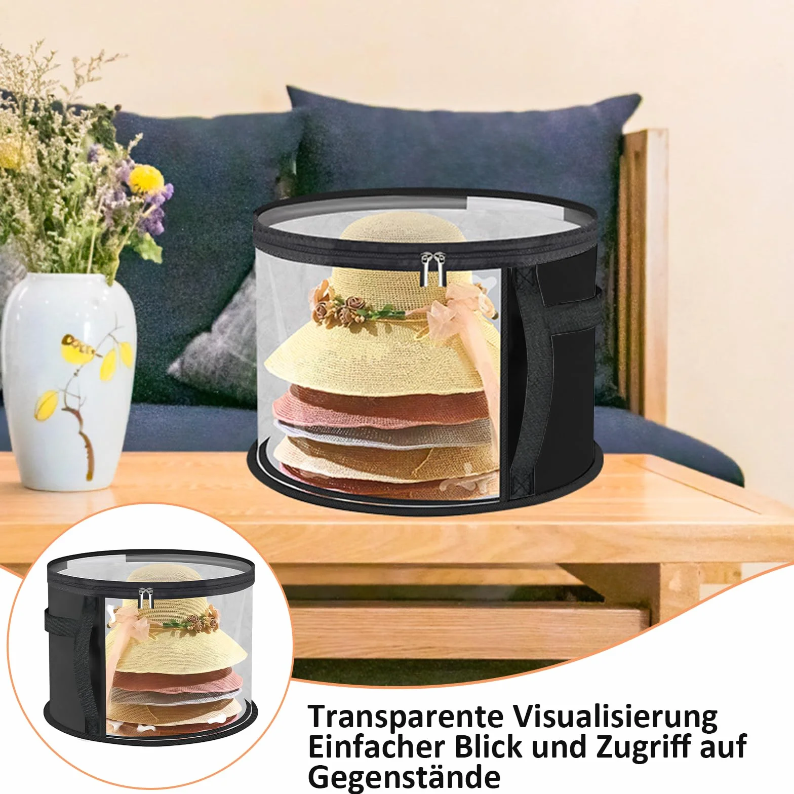 Scatola per cappelli rotonda con coperchio e finestra trasparente, valigia per cappelli con manico stabile