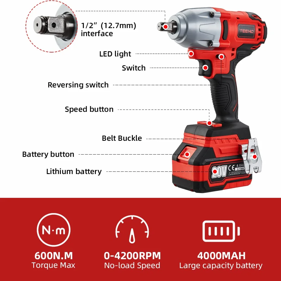 TEENO Avvitatore a Impulsi Brushless,Agli Ioni Di Litio Batterie 2 * 4.0 Ah, 4 Prese a Urti, 1/2 Pollici, 600 N.m (due batterie)