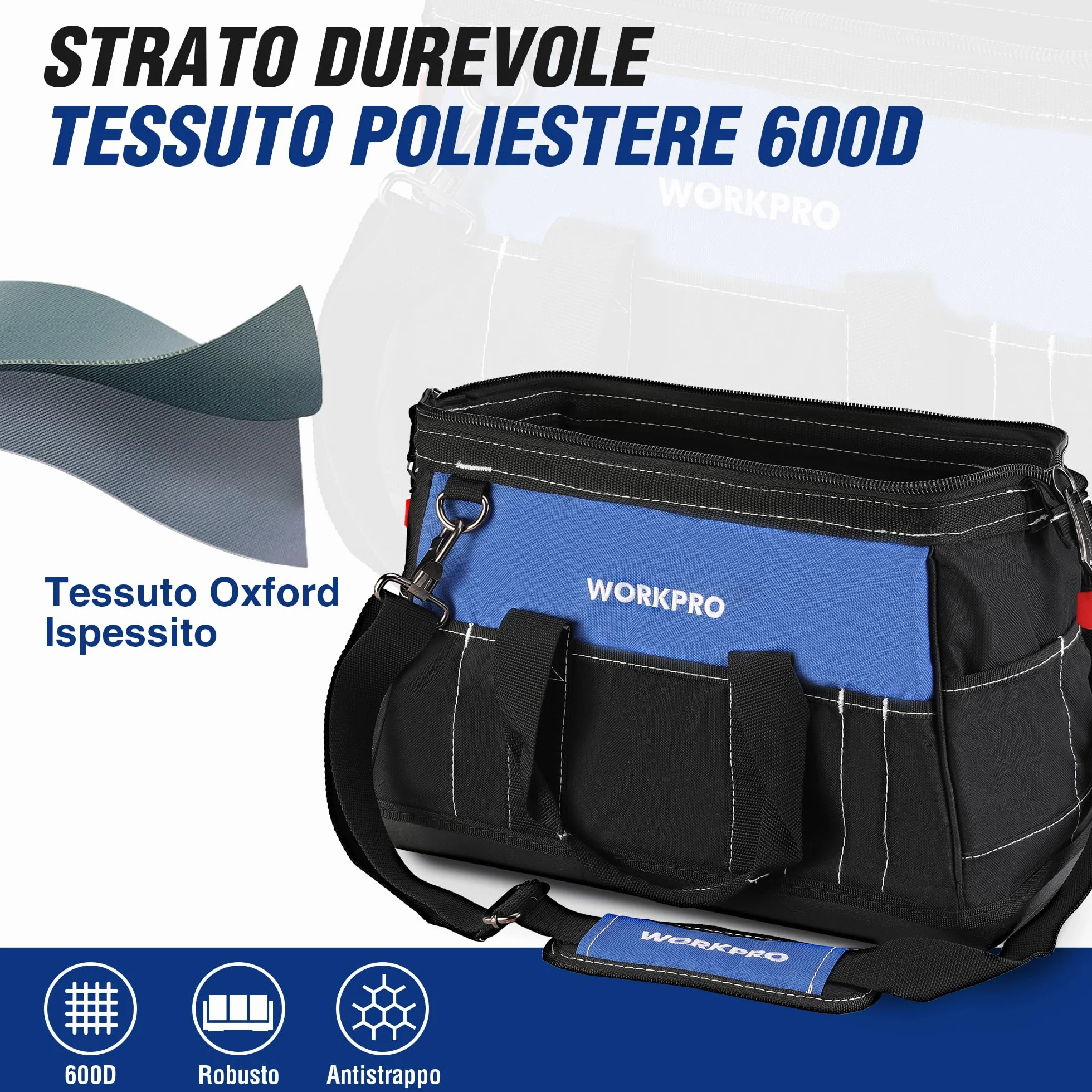 WORKPRO Borsa porta Attrezzi Lavoro a Bocca Ampia 40 x 22 x 26 cm, Multitasche per Impieghi Pesanti, con Base Rigida in Plastica Impermeabile, Portautensili