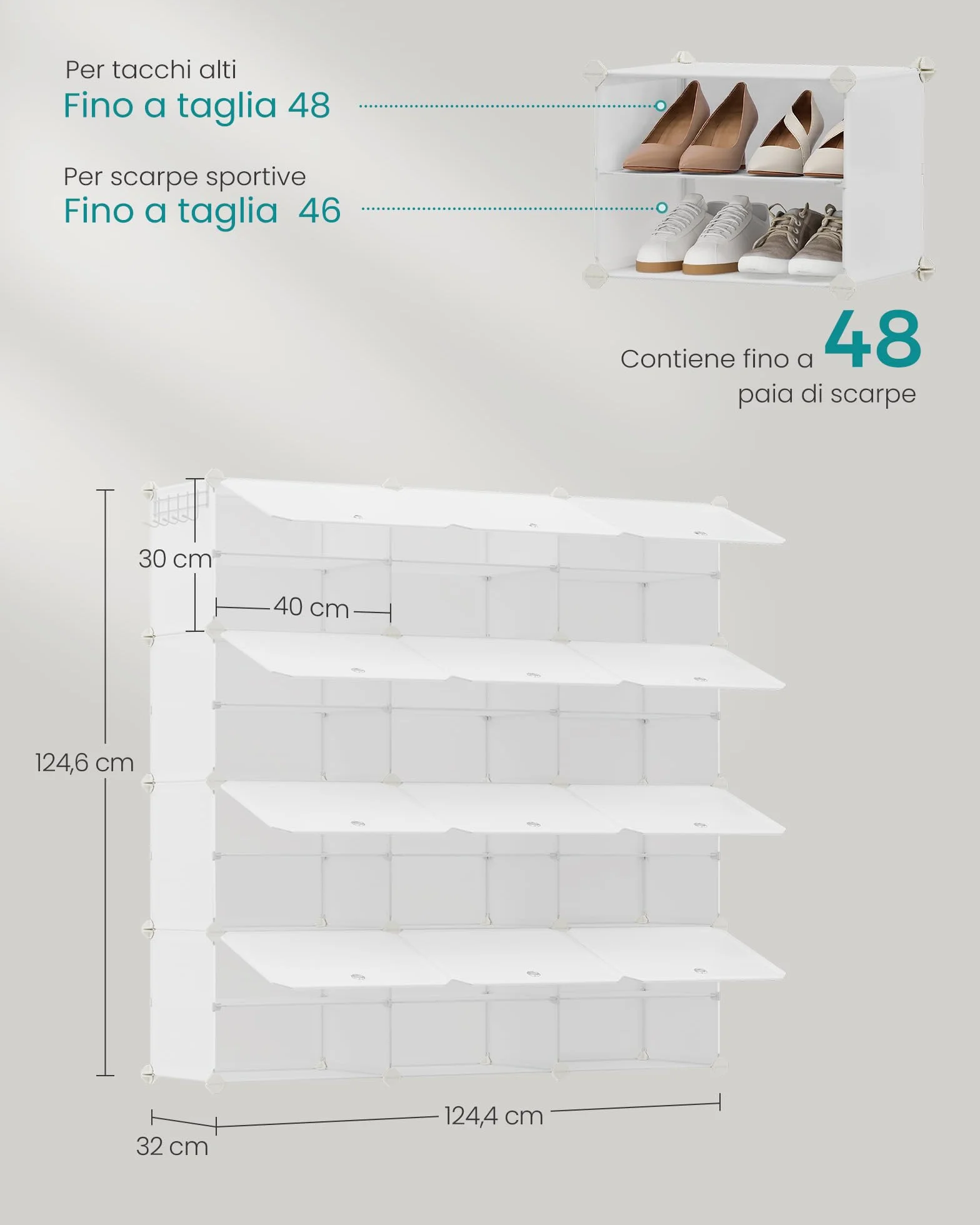 SONGMICS Scarpiera, Scaffale Modulare a 12 Scomparti per 48 Paia di Scarpe da Ingresso, con Sportelli, Telaio in Acciaio e Ripiani in Plastica, Camera da Letto, Bianco Nuvola LPC040W02