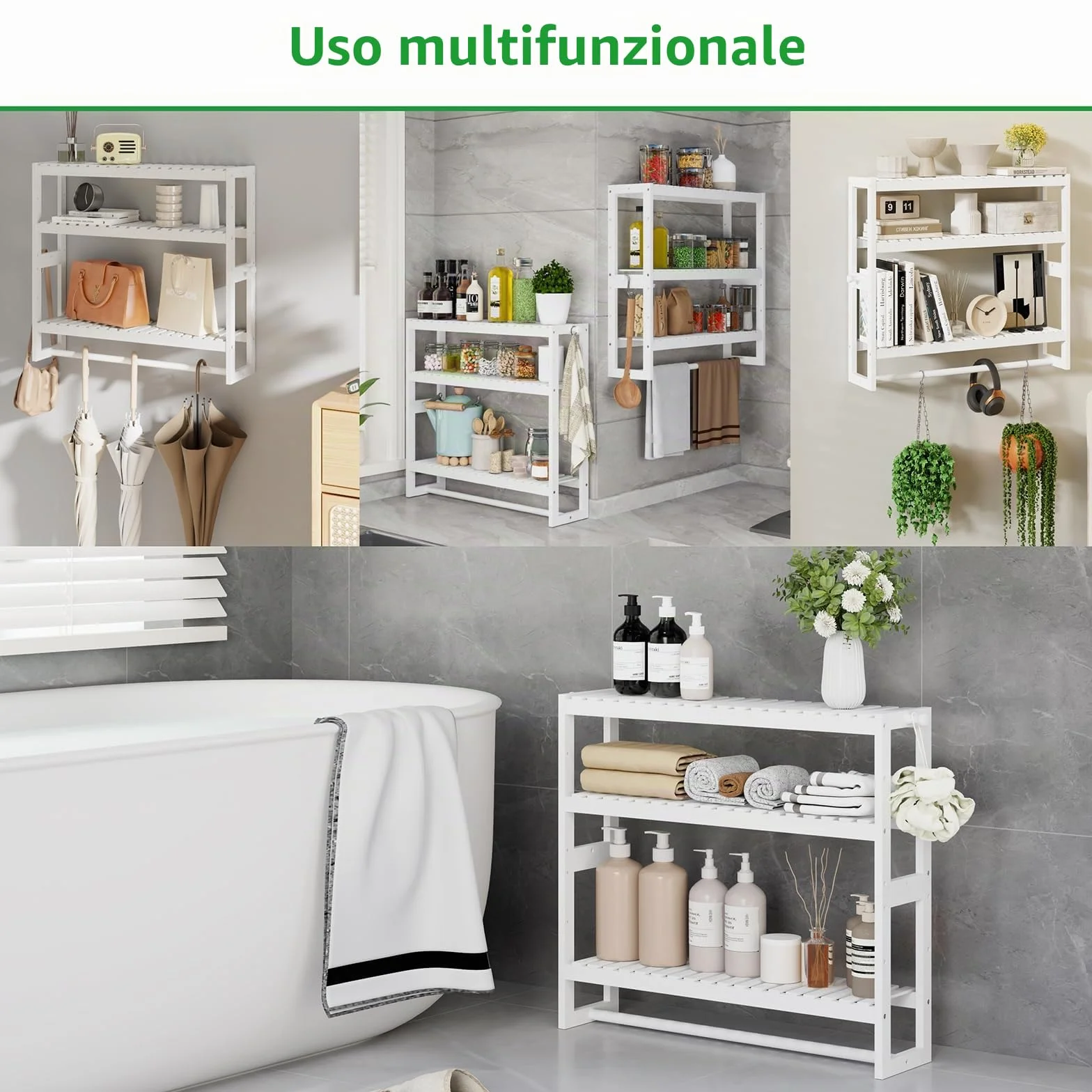 Mensola portaoggetti da bagno, 15 cm di profondità x 50 cm di larghezza x 53,2 cm di altezza, 3 livelli regolabili, montaggio a parete in bambù con barra, scaffale bianco, asta appendiabiti per bagno