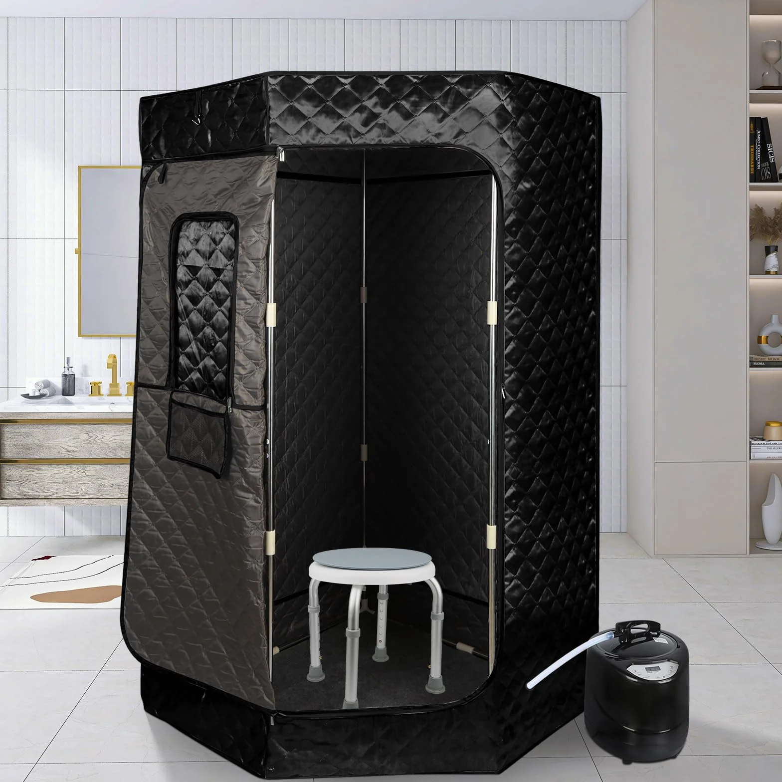 Sauna a Vapore Portatile, Cabina Domestica per SPA, 9 Temperature Regolabili, 0-99 Minuti, Telecomando,per Interna Esterno, Pressoterapia Iinfodrenaggio,90 * 90 * 180 cm (3L) (Nero)