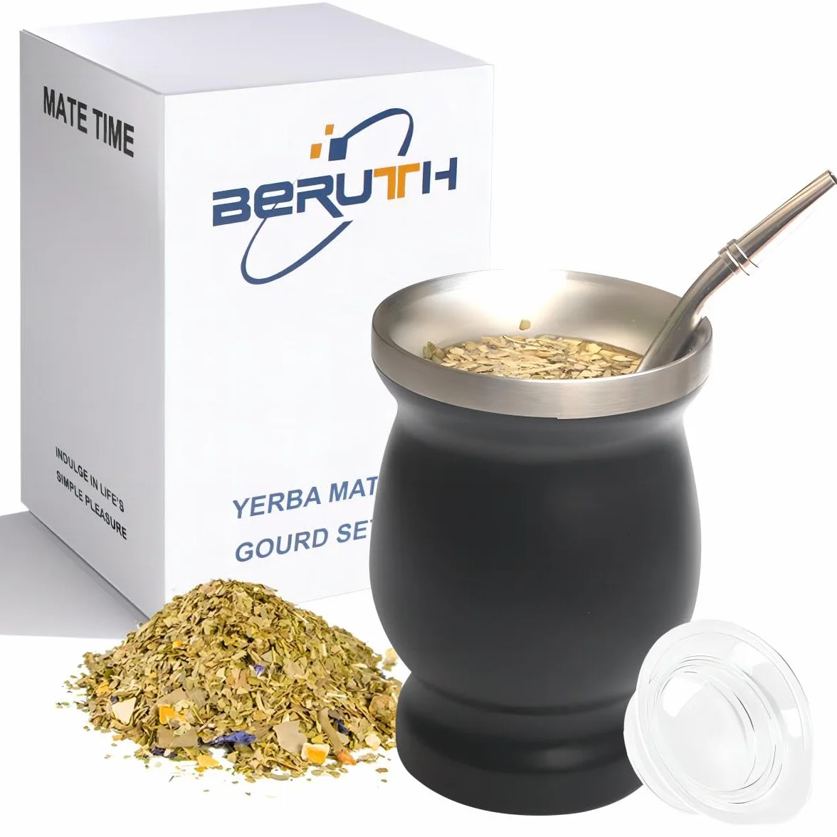 Beruth Zucca Bombilla Yerba Mate Set Tazza Acciaio Inossidabile 8 once Doppia Parete Nera
