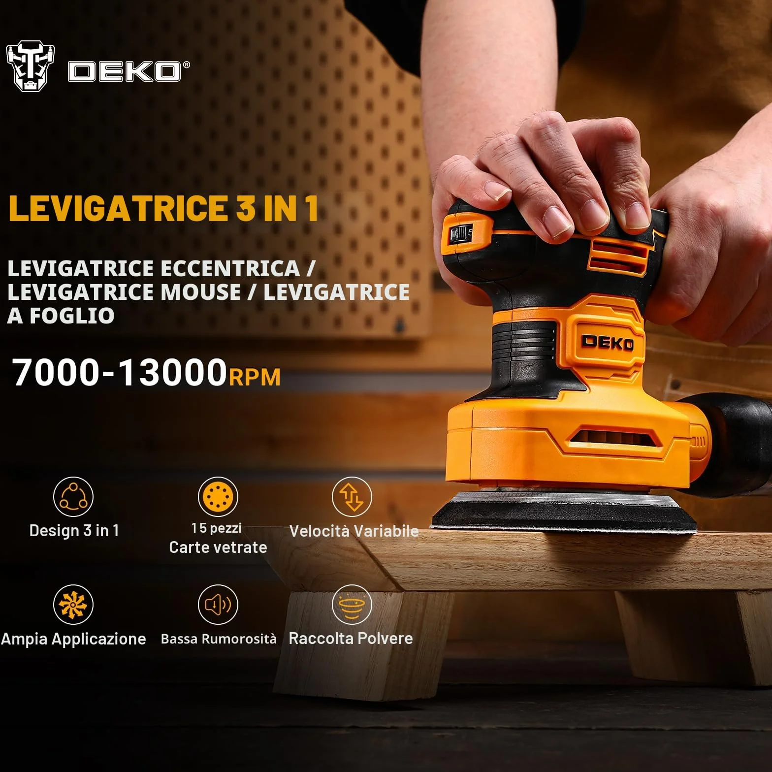 DEKOPRO Levigatrice Orbitale 3-IN-1 300W 13000RPM 6 velocità con accessori