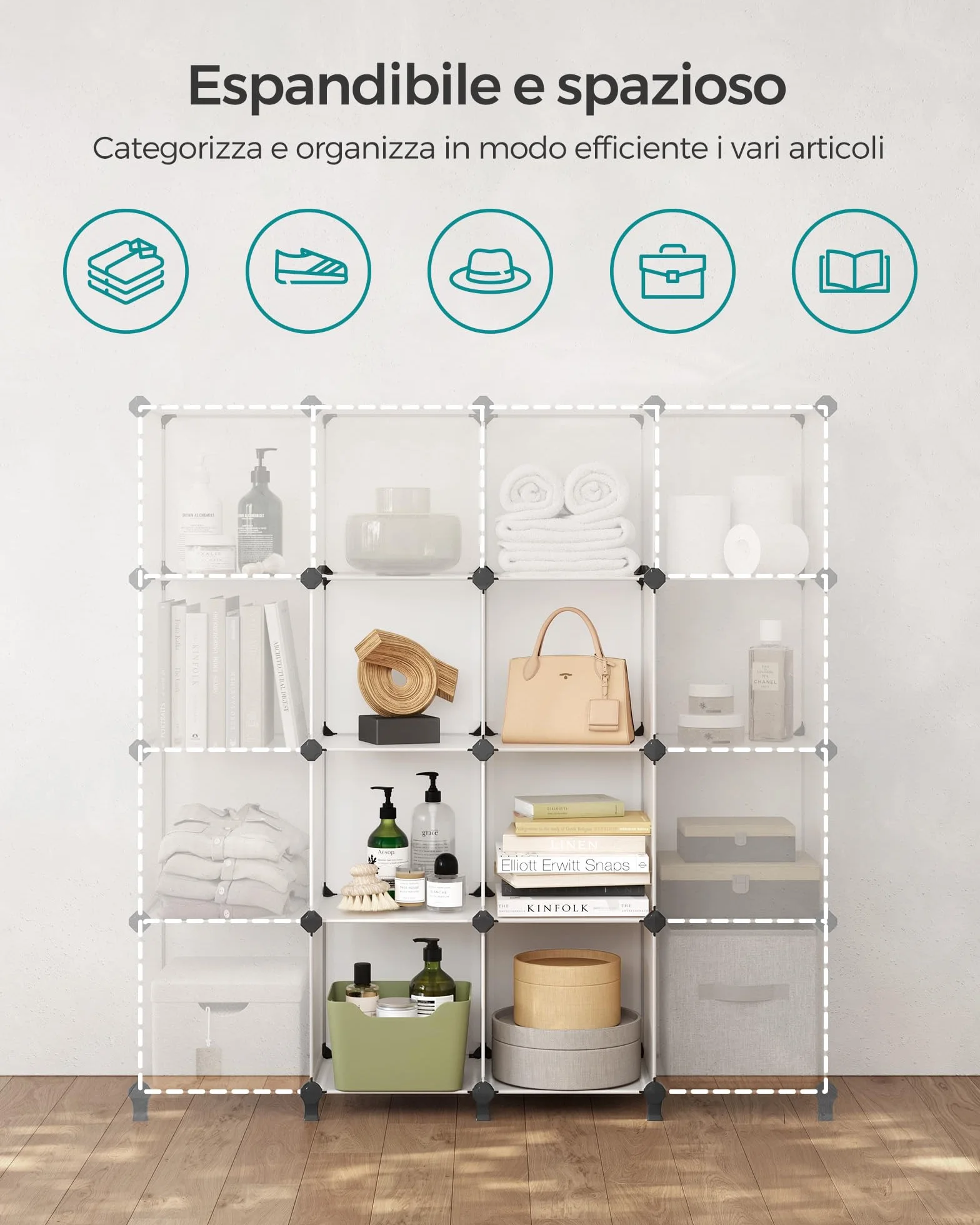 SONGMICS Scaffale a 6 Cubi, Organizzatore Modulare, Portaoggetti in Plastica con Piedini, Scarpiera, Cubo 30 x 30 x 30 cm, Soggiorno, Camera da Letto, Martello di Gomma, Bianco LPC111S