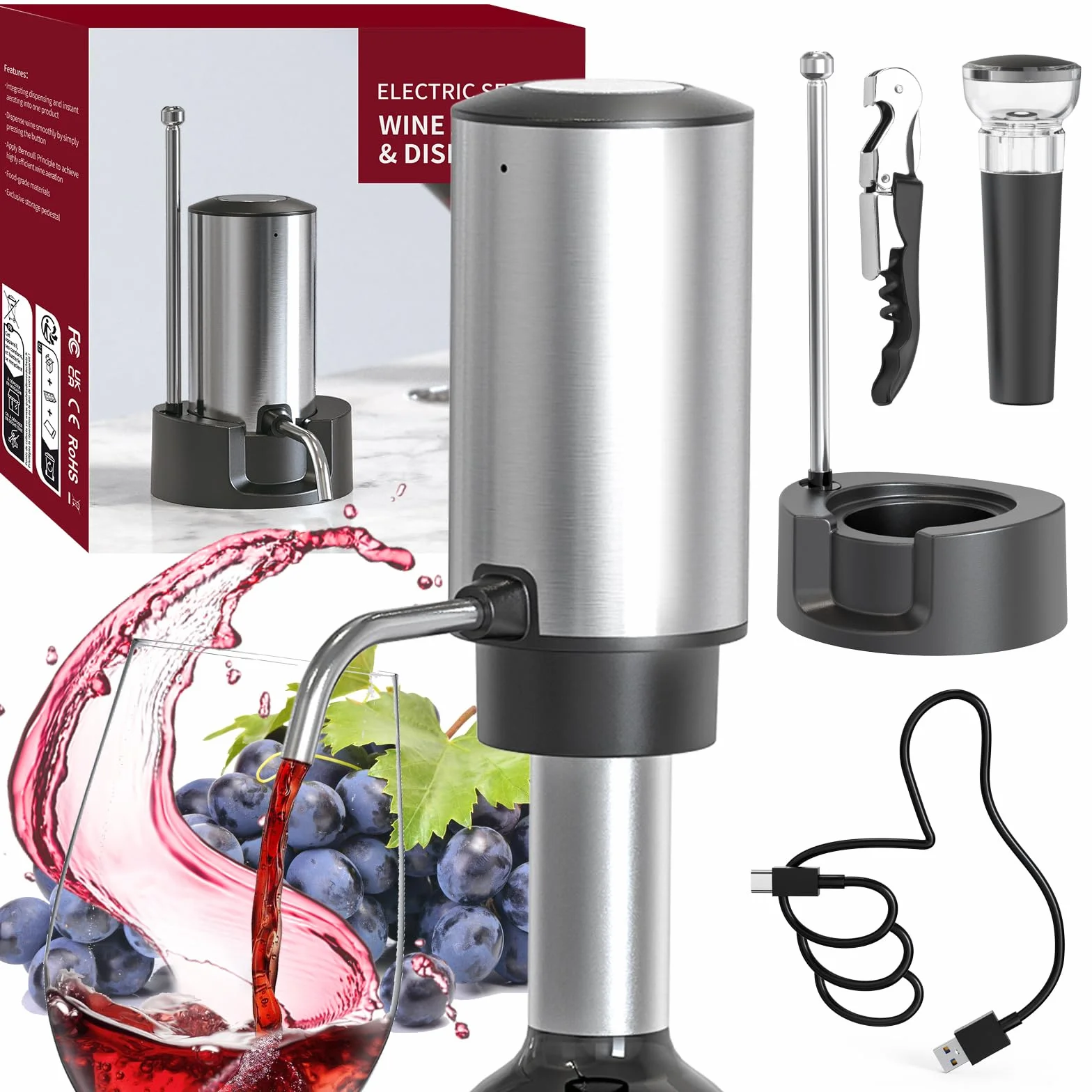 CIRCLE JOY Aeratore Elettrico per Vino, Decanter Ricaricabile con Base di Conservazione, Cavatappi e Tappo Sottovuoto, Regalo per Gli Amanti del Vino, Argento