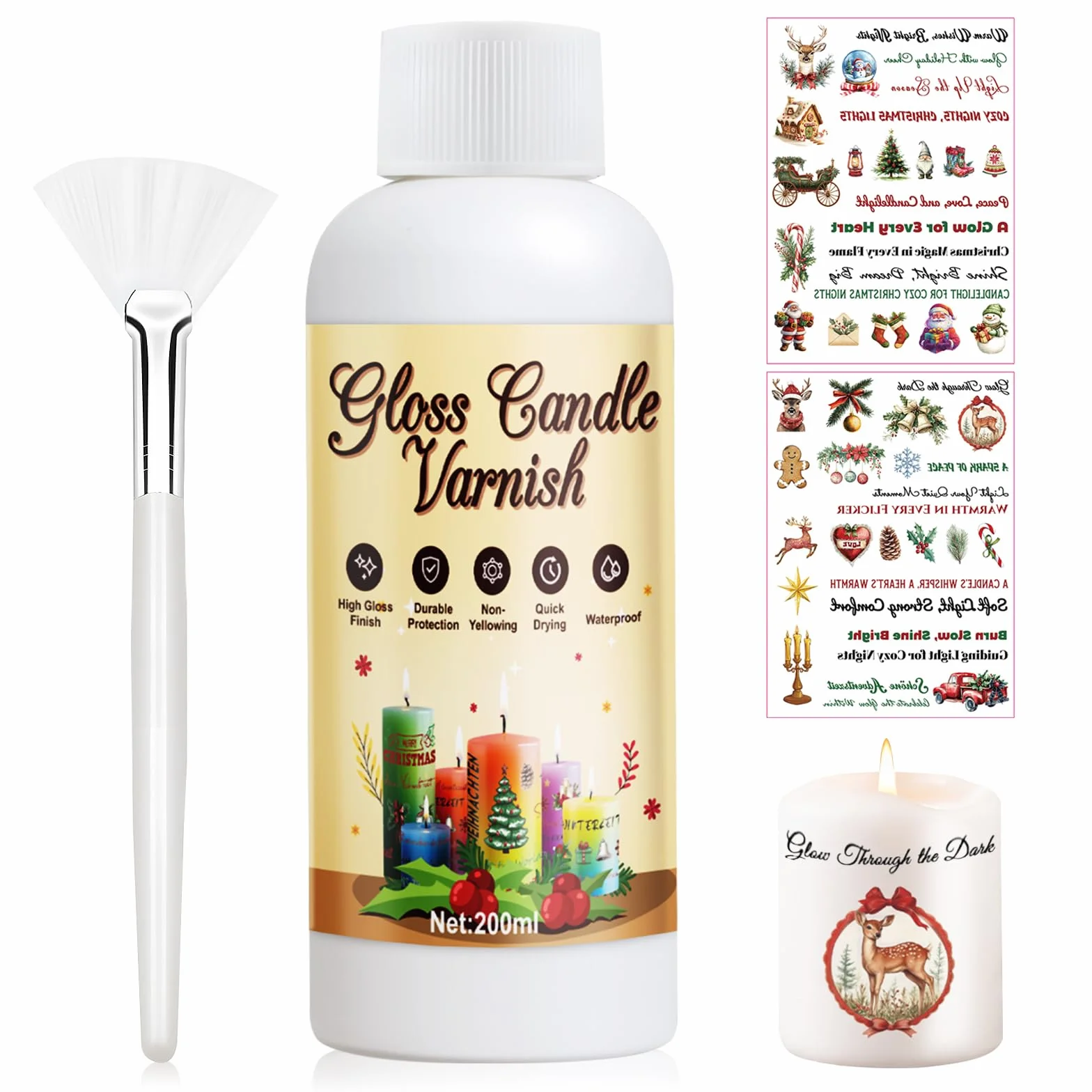Vernidas Lucido Trasparente, Vernice Trasparente, Vernice Finale Lucida, Candele Vernice con Candle Stickers Natalizi, Impermeabile, Asciugatura Rapida, Migliora la Vivacità del Colore, 200ml