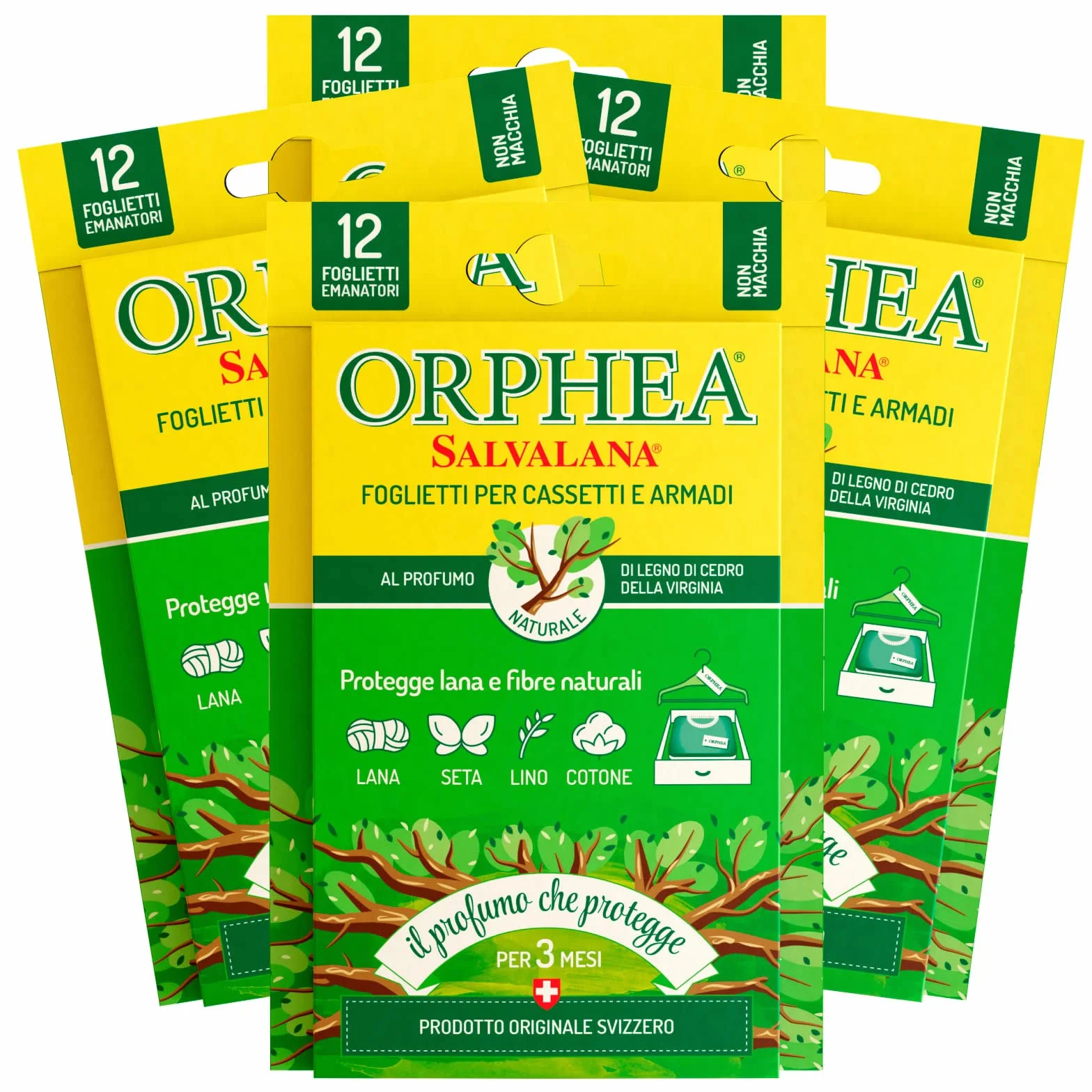 Orphea 4X Salvalana Foglietti per Cassetti e Armadi Protegge Lana e Fibre Naturali al Profumo di Legno di Cedro della Virginia - 4 Confezioni da 12 Foglietti Ognuna