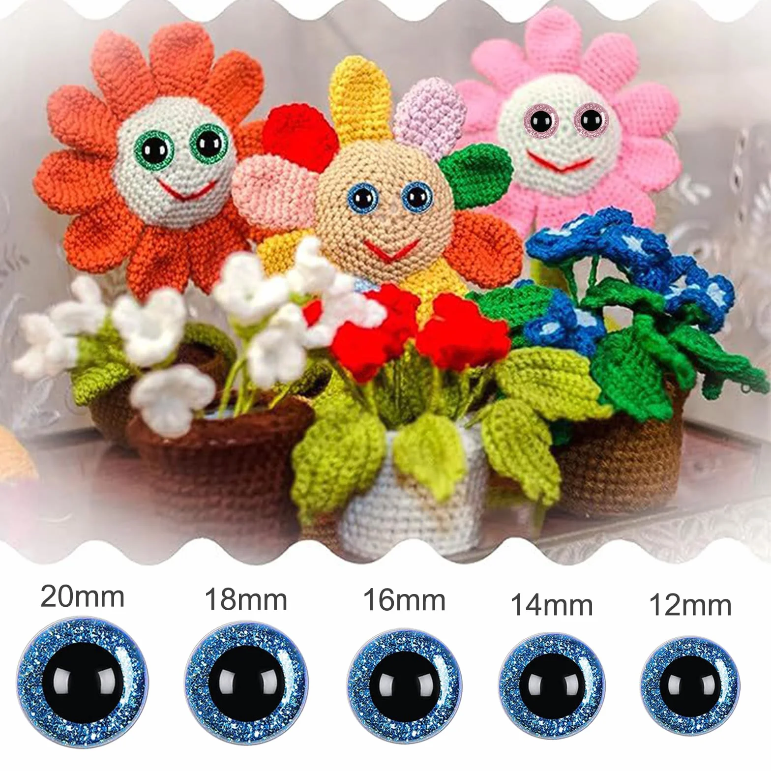 50 Pezzi Occhi per Amigurumi, 12-20mm Occhi Amigurumi, Occhi di Sicurezza per Amigurumi, Glitter Occhi per Pupazzi, Safety Eyes, Occhi Glitterati per Animali con Rondelle per Creazione Bambole