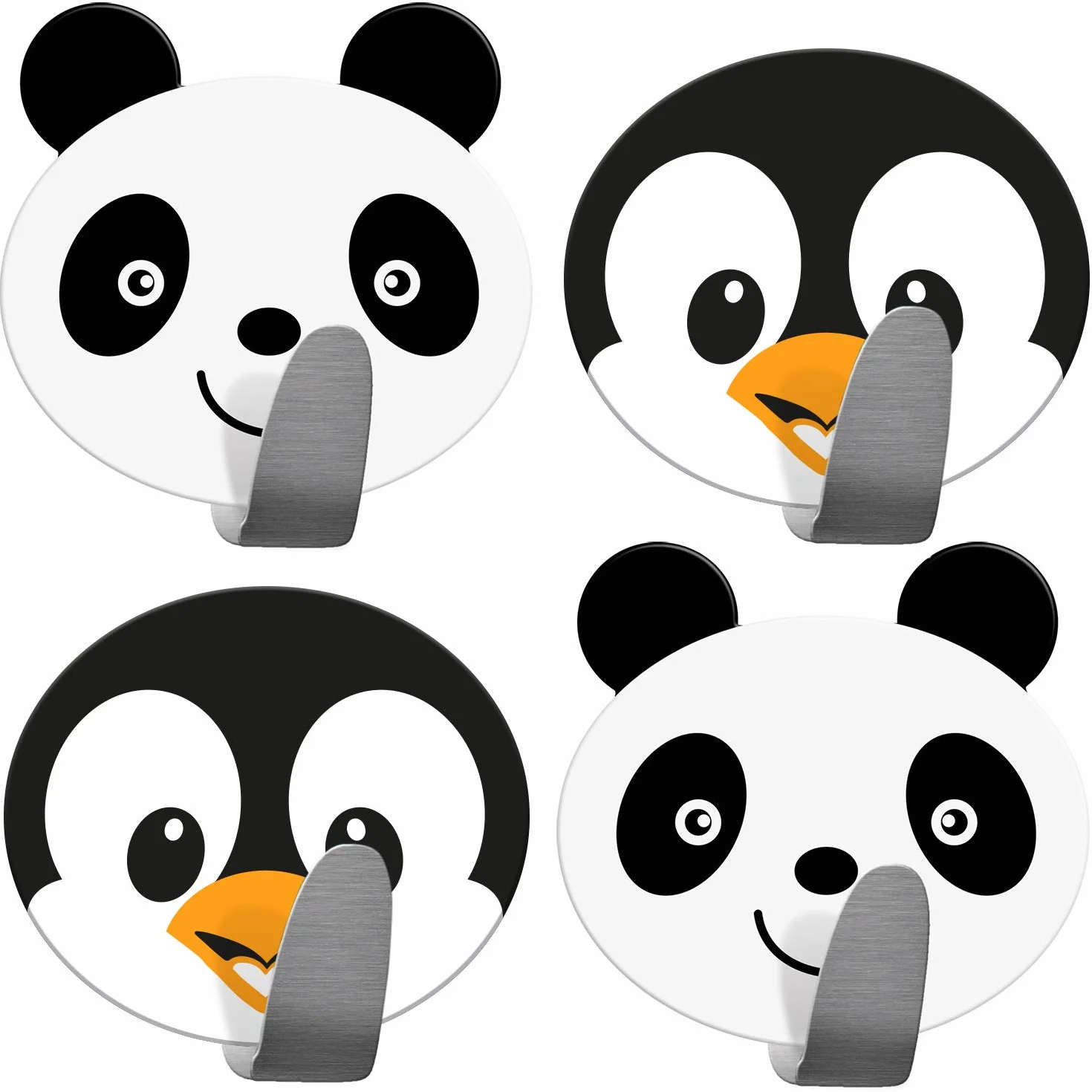 Tatkraft Friends Confezione da 4 Ganci Autoadesivi per Bambini, Ideale per Asciugamani e Accappatoi, Realizzato in Acciaio Inossidabile, Set di 2 Panda 2 Pinguini, Facile da Installare