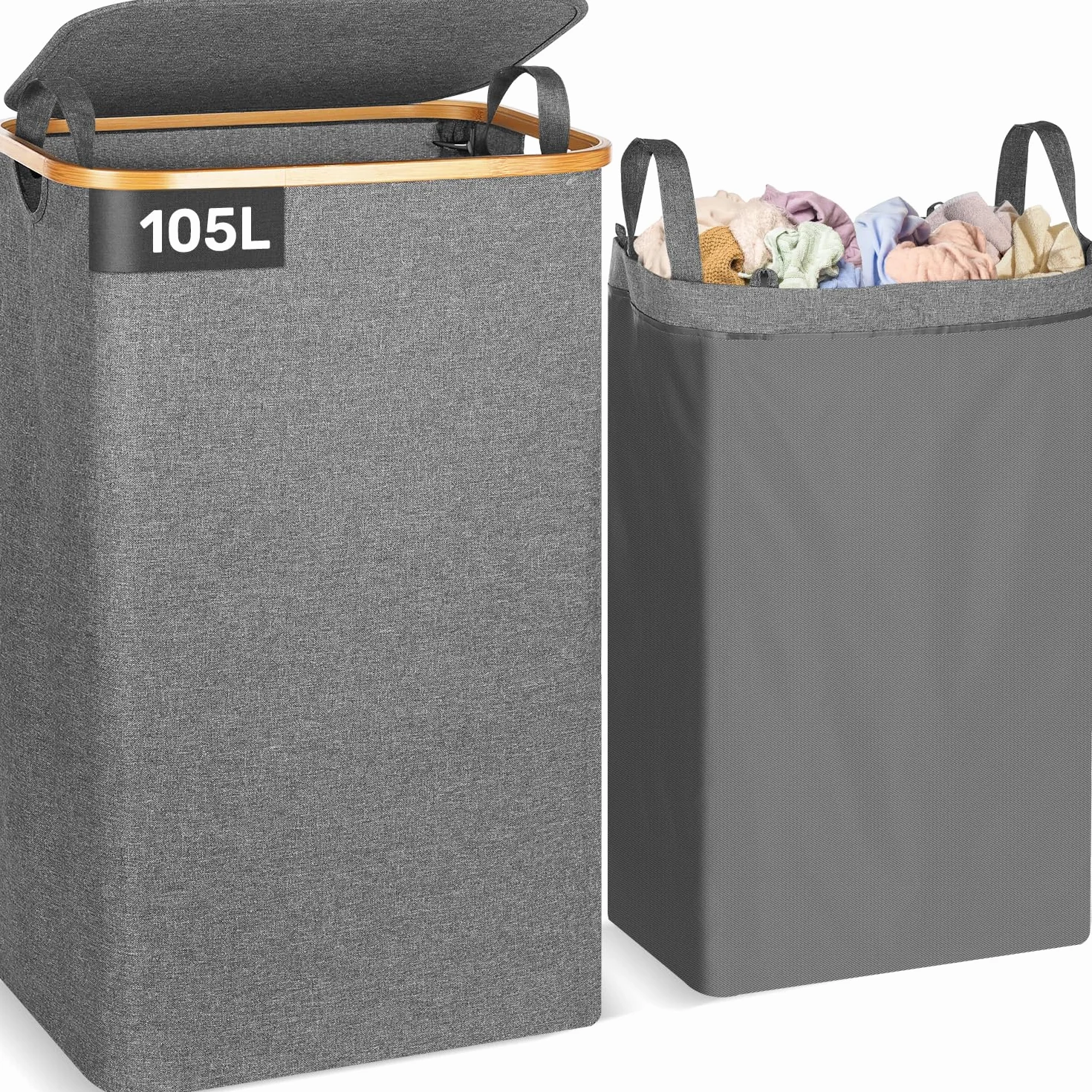OUSFOT Cesto Portabiancheria Sporca per Bagno Grigio 105L Cesta Portabiancheria in Bambù con Coperchio Porta Biancheria Sporca con Manici Cesto Panni Sporchi