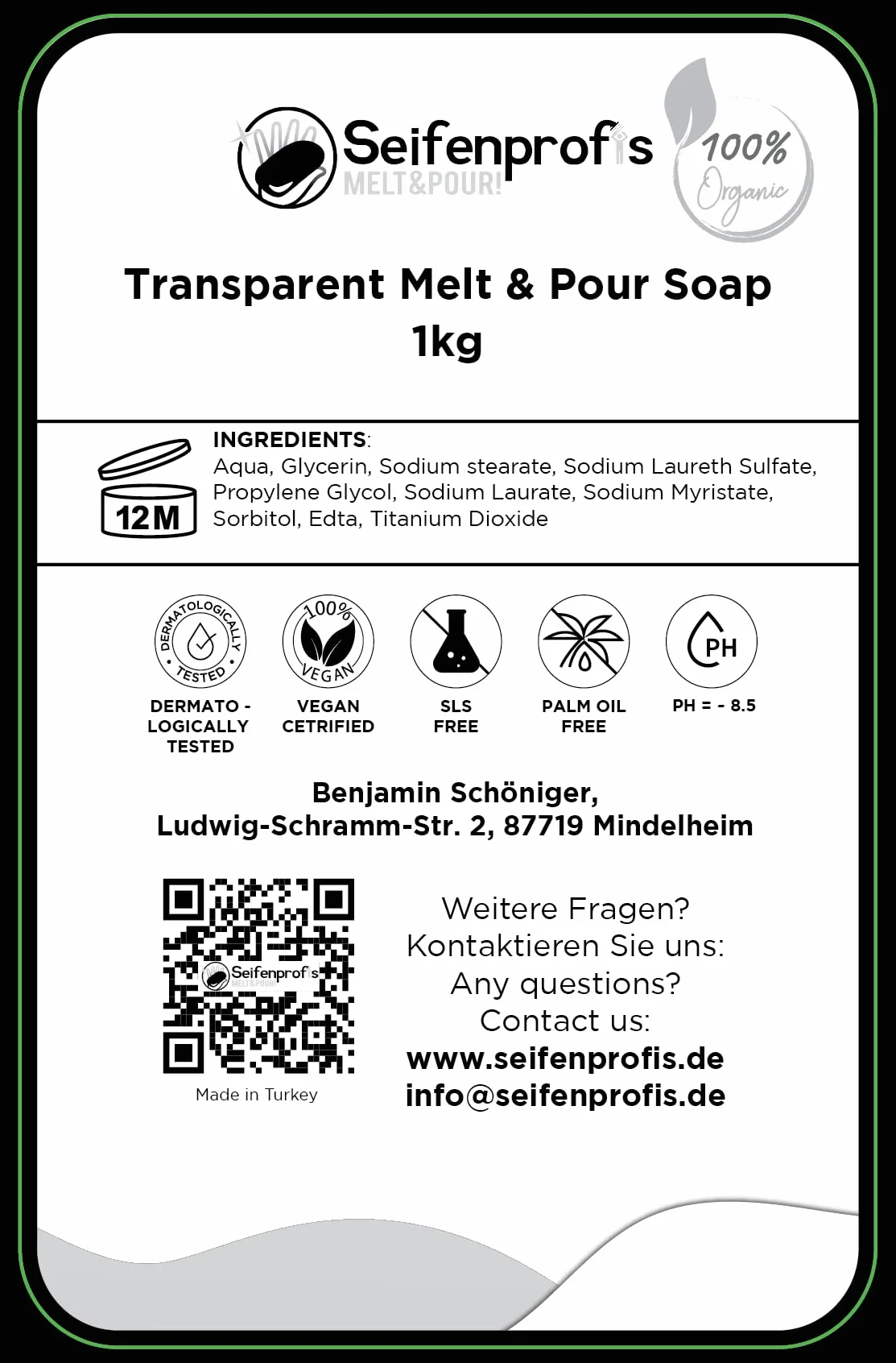 Sapone base alla glicerina (privo di SLS), trasparente, 1kg Transparent