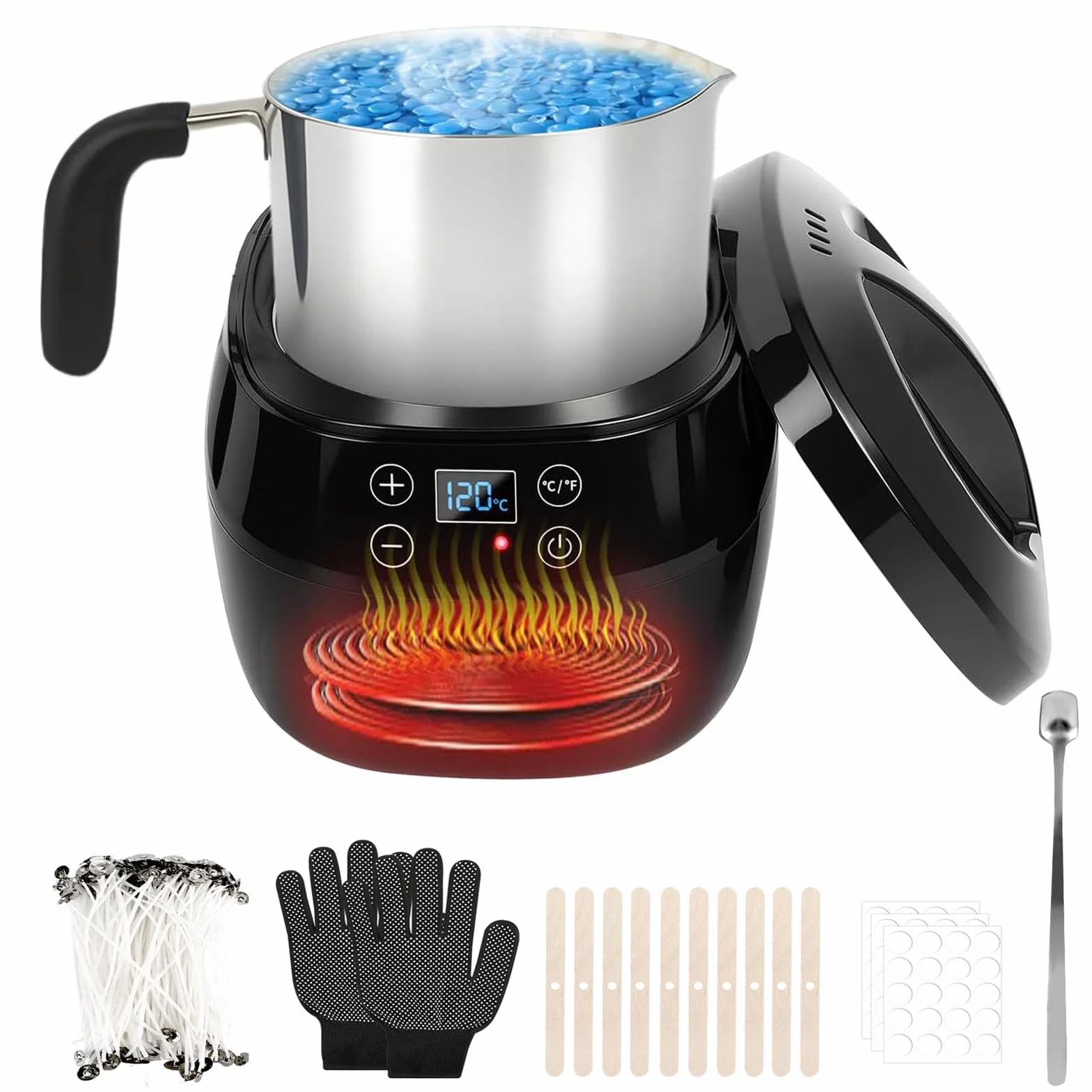 Ambesty Scaldacera Professionale,1L Fusciera Elettrica Display Digitale LCD con 150 Stoppino,Adesivo, Centratore e Cucchiaio,Scalda Cera per Candele,Kit Candele Fai da te Cera di Soia