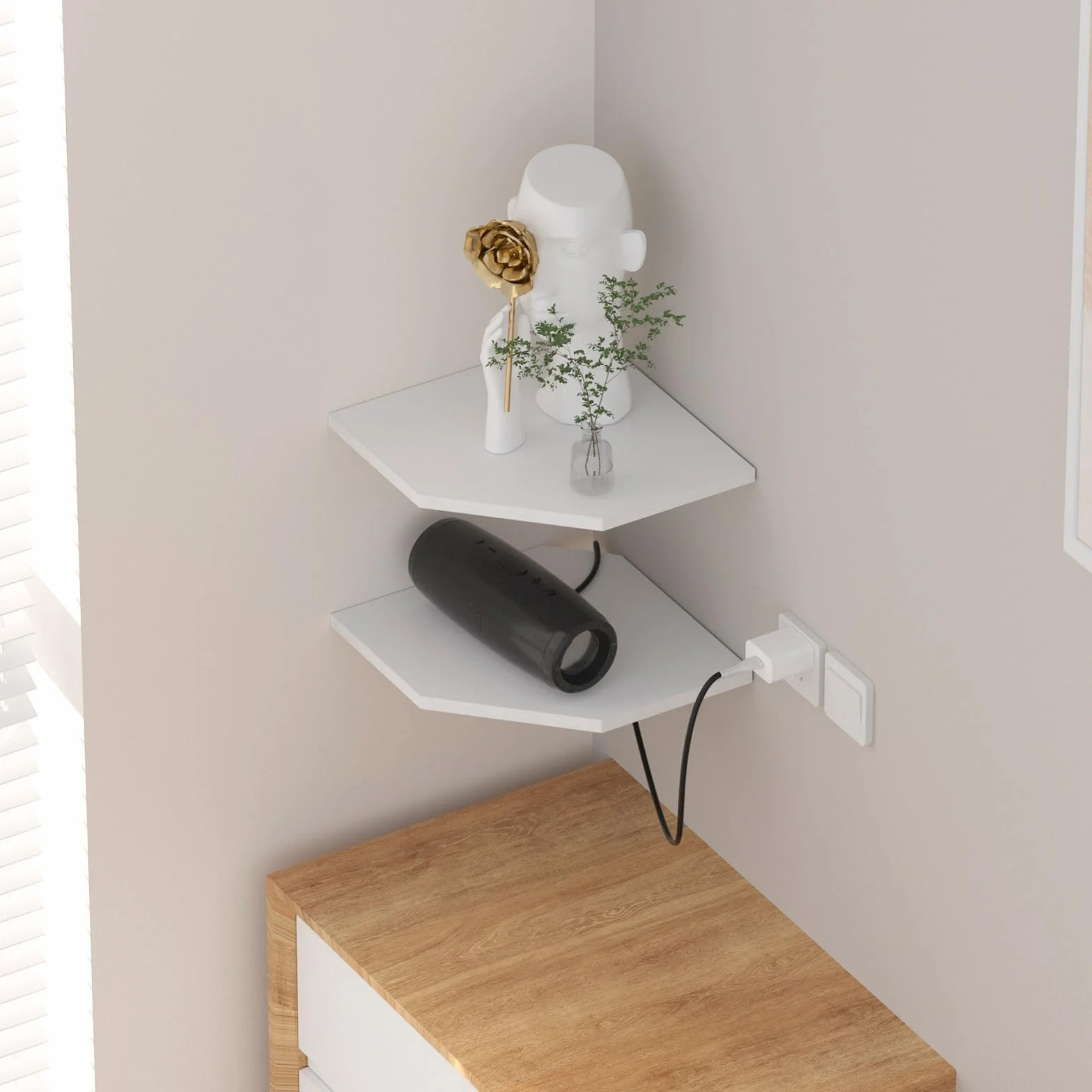 JJL Set di 2 Mensole Angolari da 30 cm, da Parete, con Foro per Filo, 33,7 cm di Profondità, Mensole da Parete per Decorazione Angolo Parete del Soggiorno, Bianco