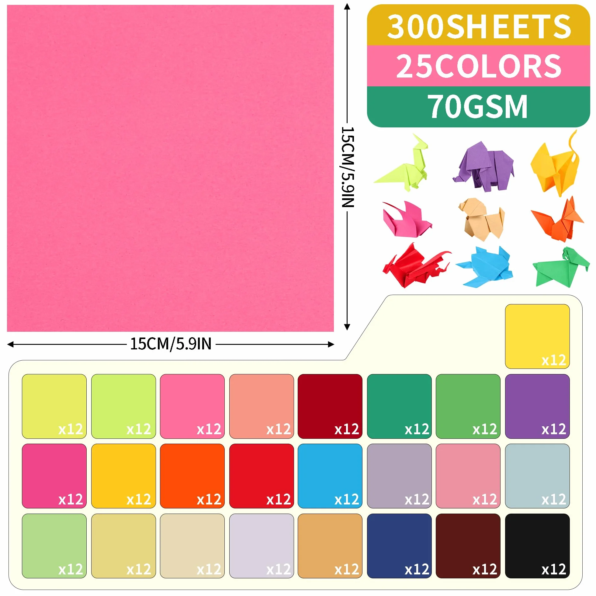 Carta per Origami Colorata 300 Fogli 15x15cm 70gsm 25 Colori Vividi Foglio Quadrato 6 Pollici
