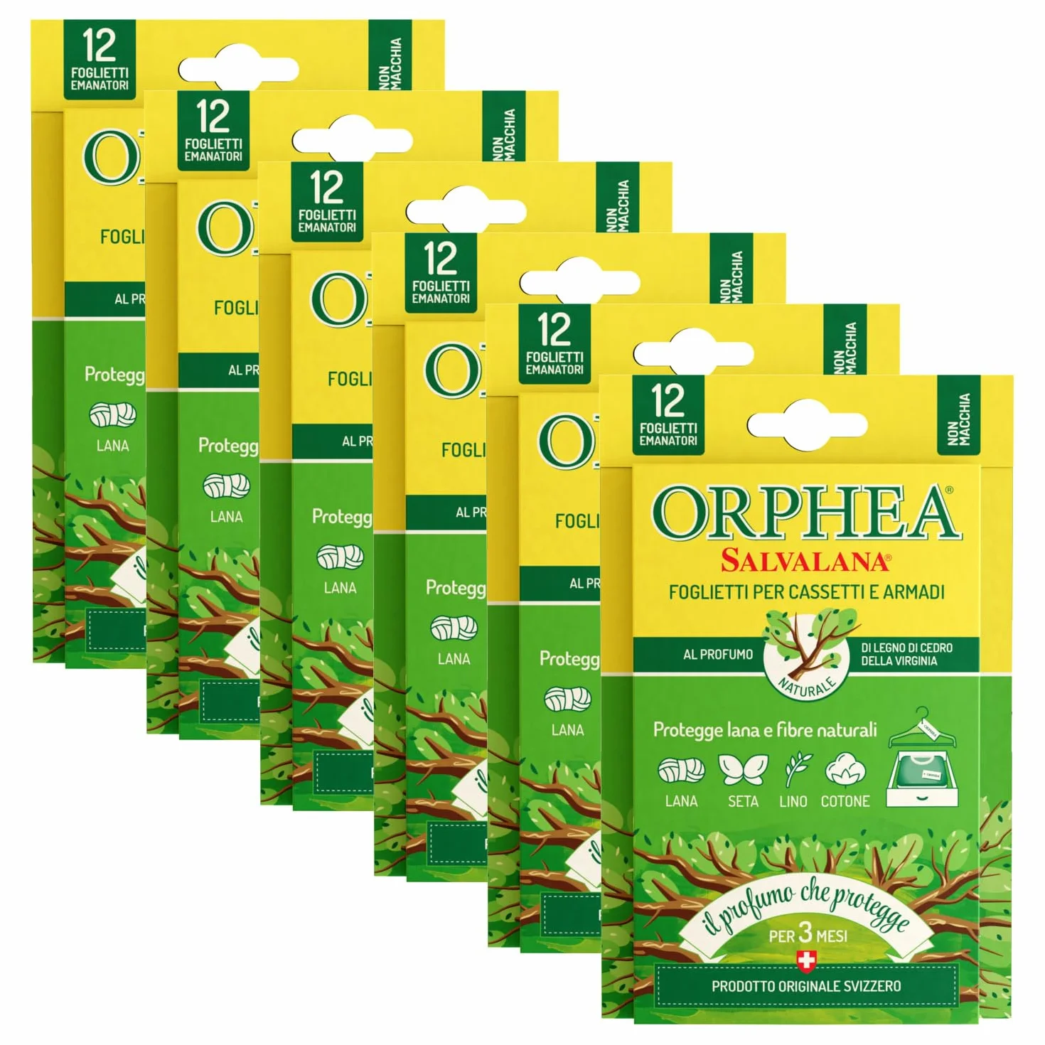 Orphea Salvalana, Foglietti Emanatori per Cassetti e Armadi, per Lana e Vestiti Tutta la Stagione, Profumo di Legno di Cedro e della Virginia, 6 Confezioni da 12 Foglietti