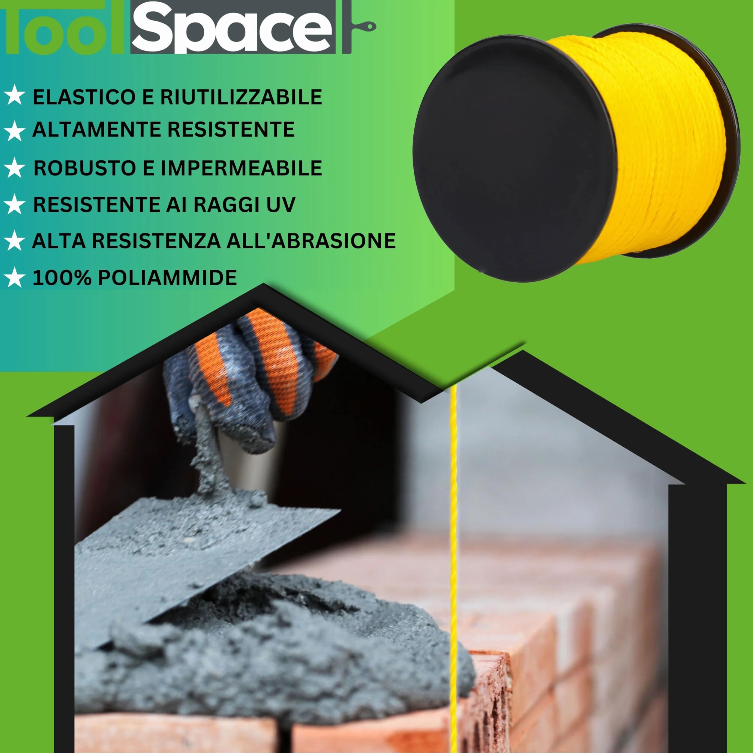 ToolSpace Cordone per muratori - 100m x 1,6mm - Giallo - Polipropilene di seta - Cordone di livellamento - Filo a piombo - Cordone per intonaco di forza - durevole e resistente agli strappi
