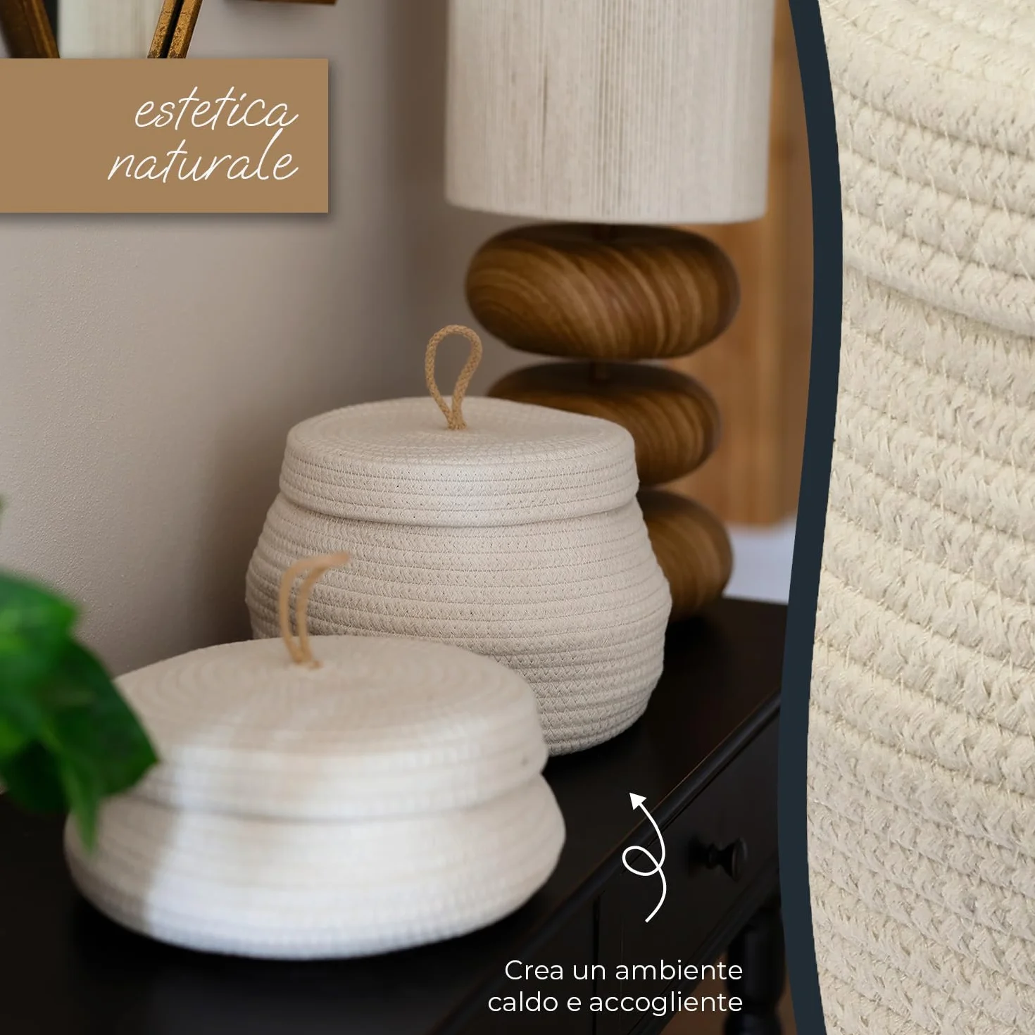 HMF Cesto portaoggetti rotondo per il bagno, con coperchio in cotone, altezza 25,5 x 19 cm, colore crema