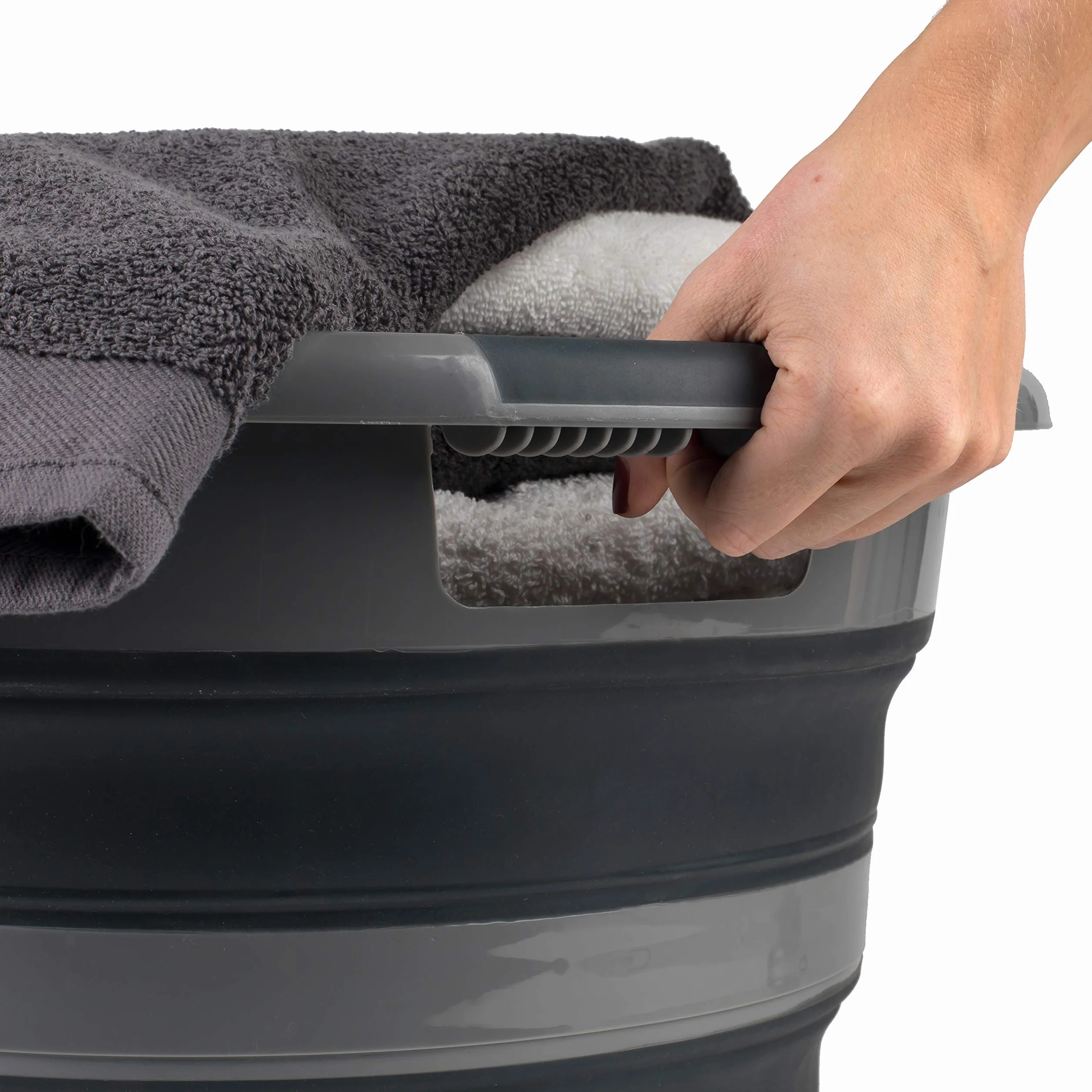 Russell Hobbs LA053879GRYEU cesto della biancheria in plastica con Maniglie di facile presa, 27L cestello di lavaggio, Design durevole e pieghevole, risparmio di spazio e facile da pulire, nero/grigio