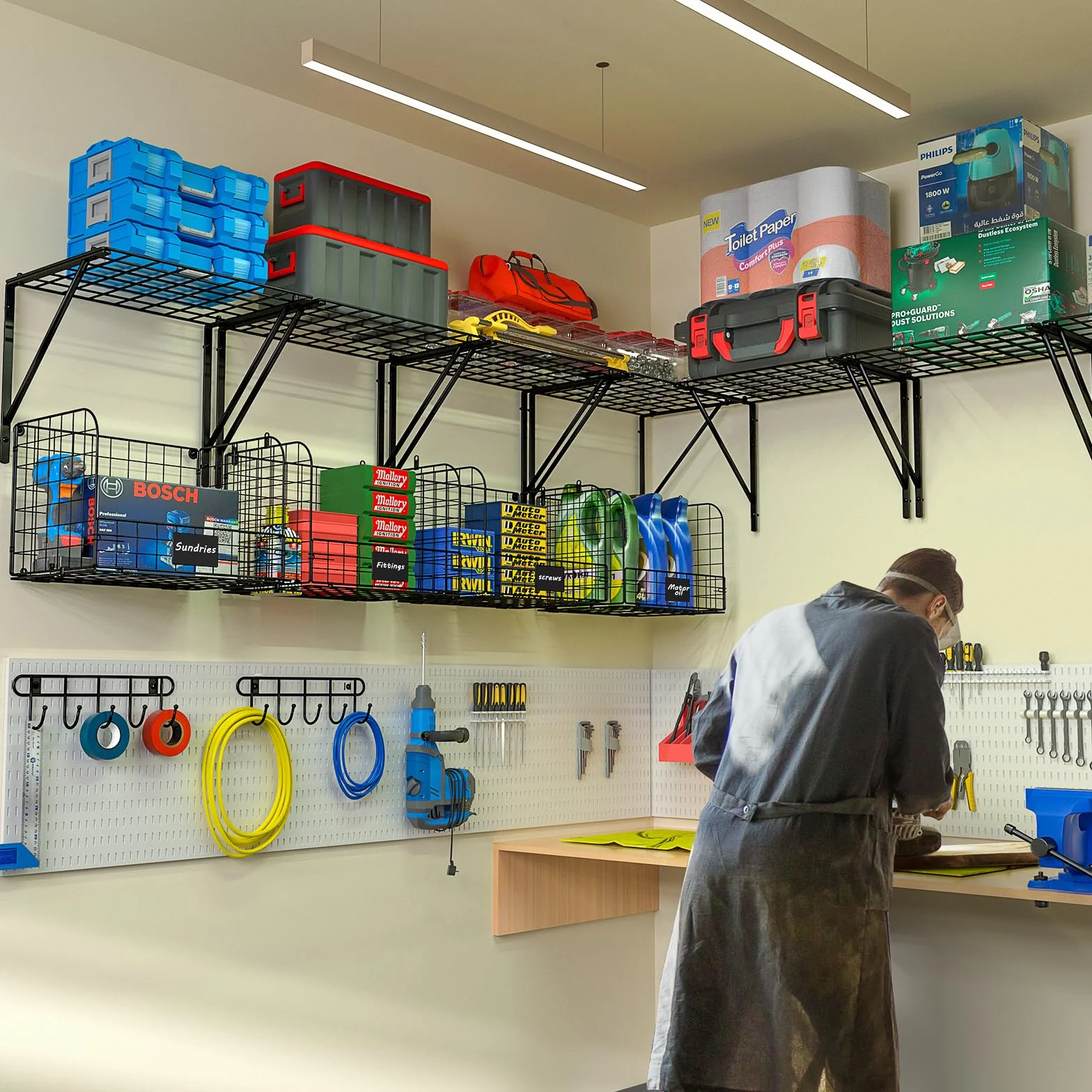 ThreeHio Confezione da 2 mensole da garage da parete con cestelli metallici, resistenti, industriali, per garage, giardino, casa, organizzazione e stoccaggio