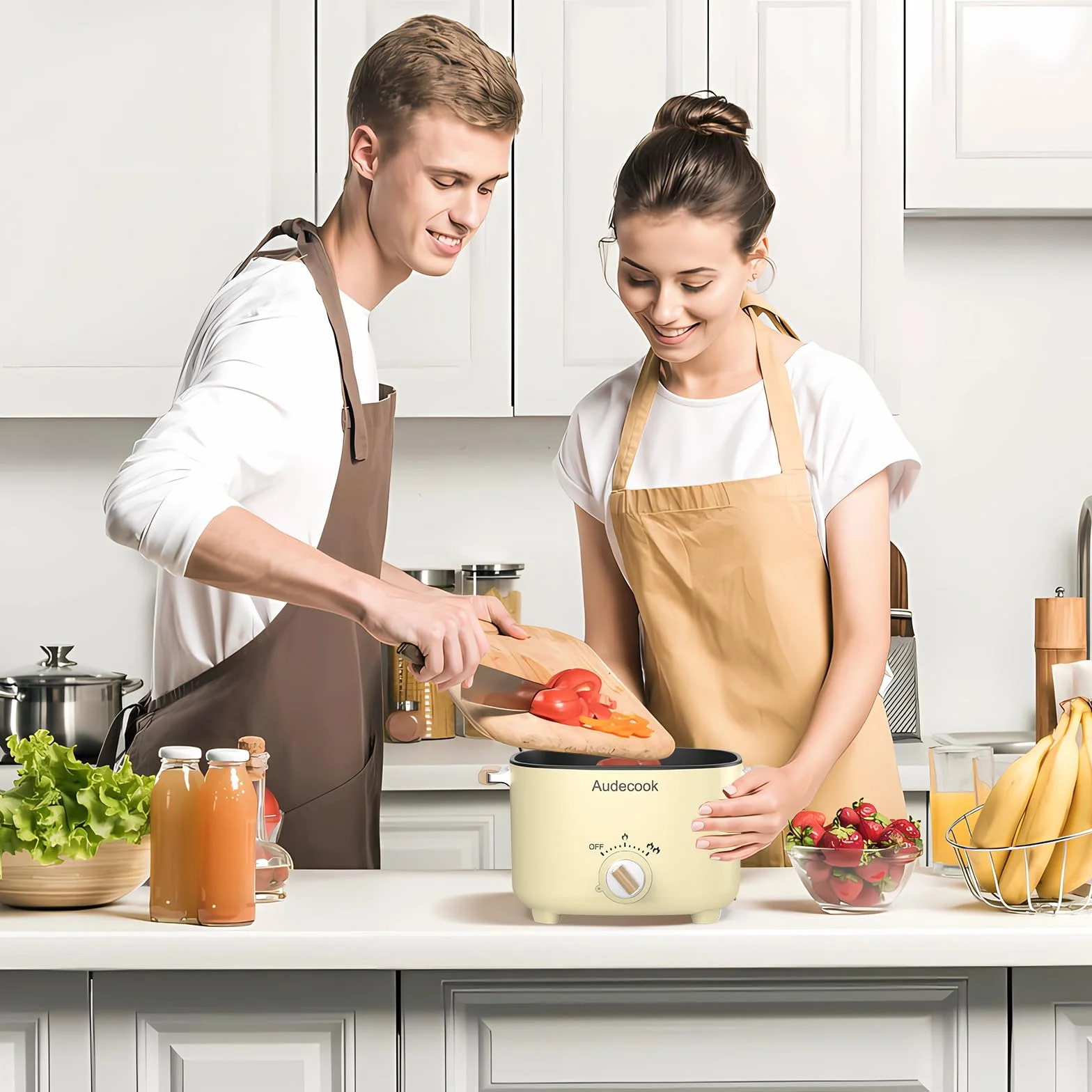 Audecook Hot Pot Elettriche 2.5L, Portatile Mini Antiaderente Pentola Elettrica per 1-3 Persone, Padella Elettrica Multifunzionale di Doppio Controllo per Pasta/Zuppa/Uova/Bistecca (Beige)