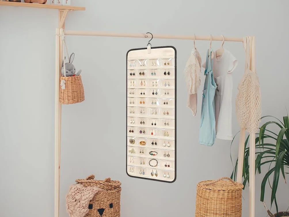 Hanging Jewelry Organizer per Armadio con 48 Tasche, Porta Collane e Orecchini con Ganci