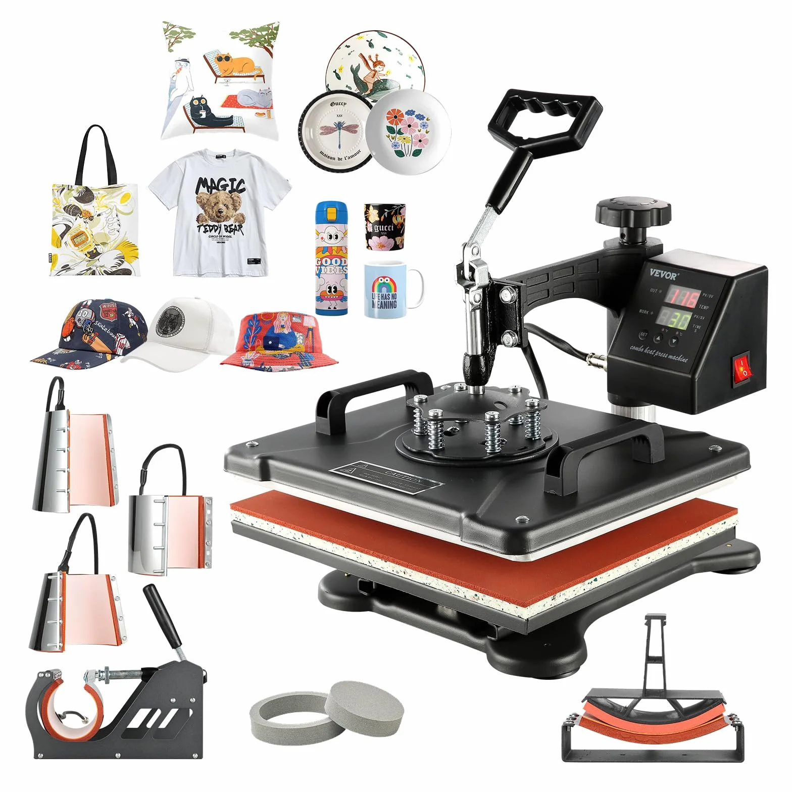 VEVOR 8 in 1 Pressa di Calore, Macchina di Trasferimento di Calore Tazze 38 X 30 cm Macchina di Stampa di Calore con Display LED Digitale Colore Nero per Cappelli Cappelli Tee tazze Piatto